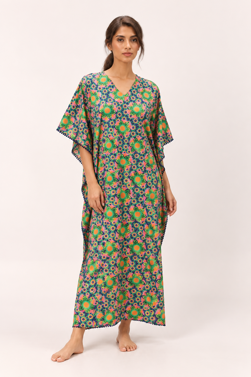 Green & Blue V-Neck Geometric Pure Cotton Nighty For Women