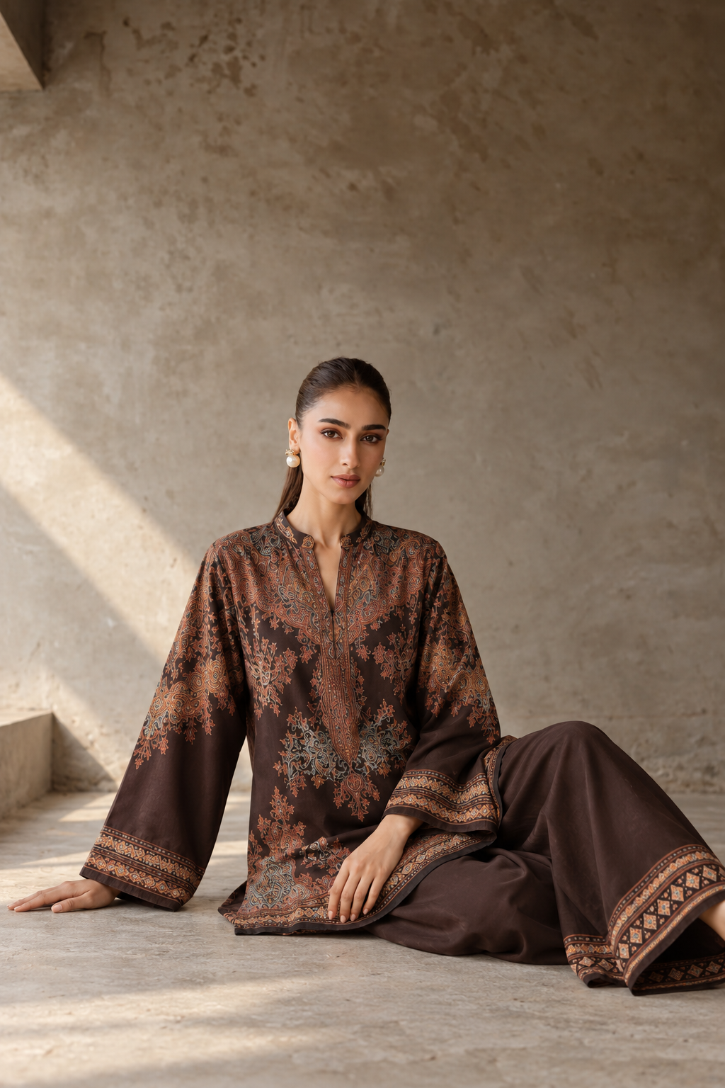 Brown Mandarin Neck Paisley Print Tunic & Farshi Salwar Co-Ord Set For Women