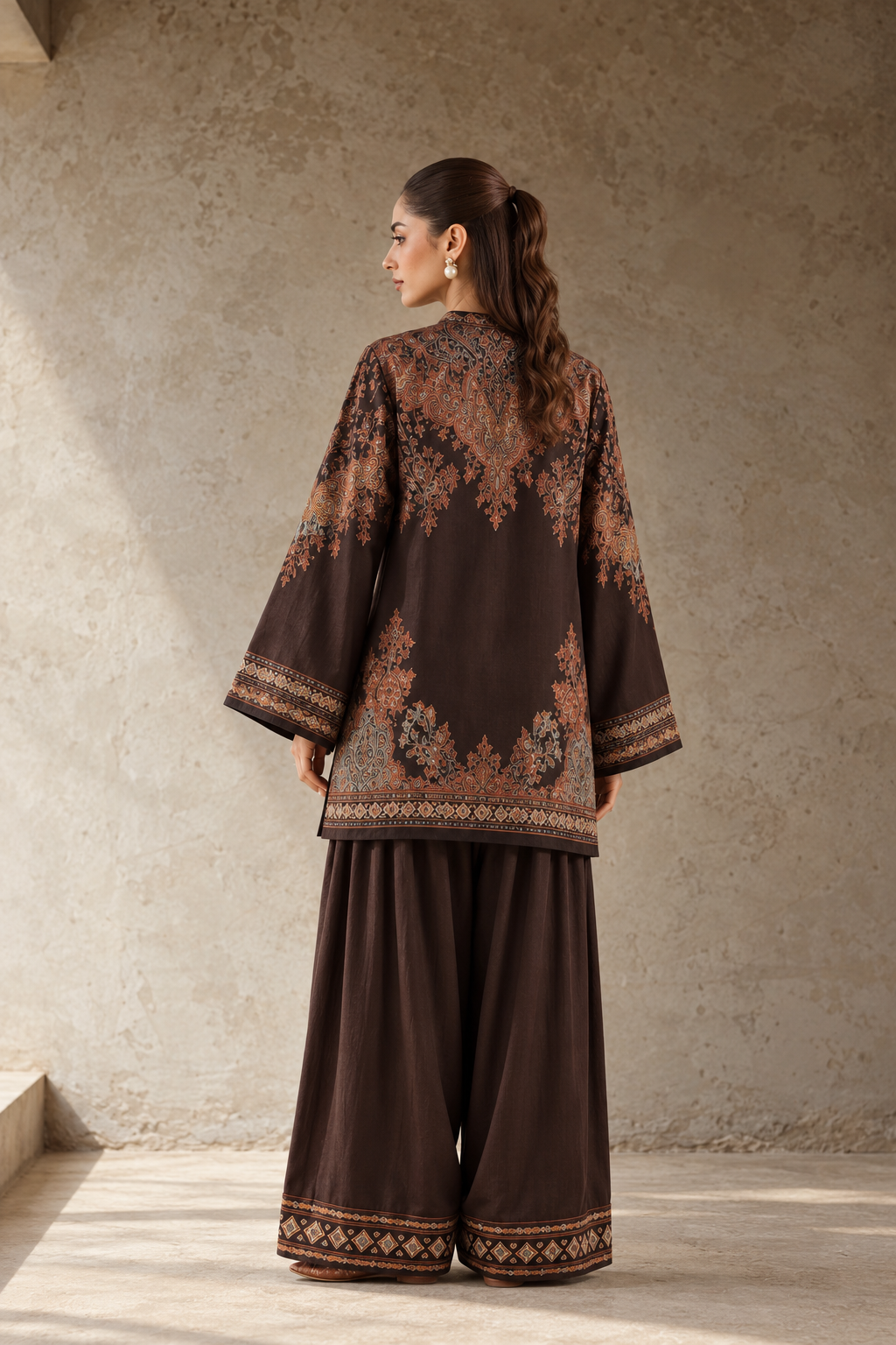 Brown Mandarin Neck Paisley Print Tunic & Farshi Salwar Co-Ord Set For Women