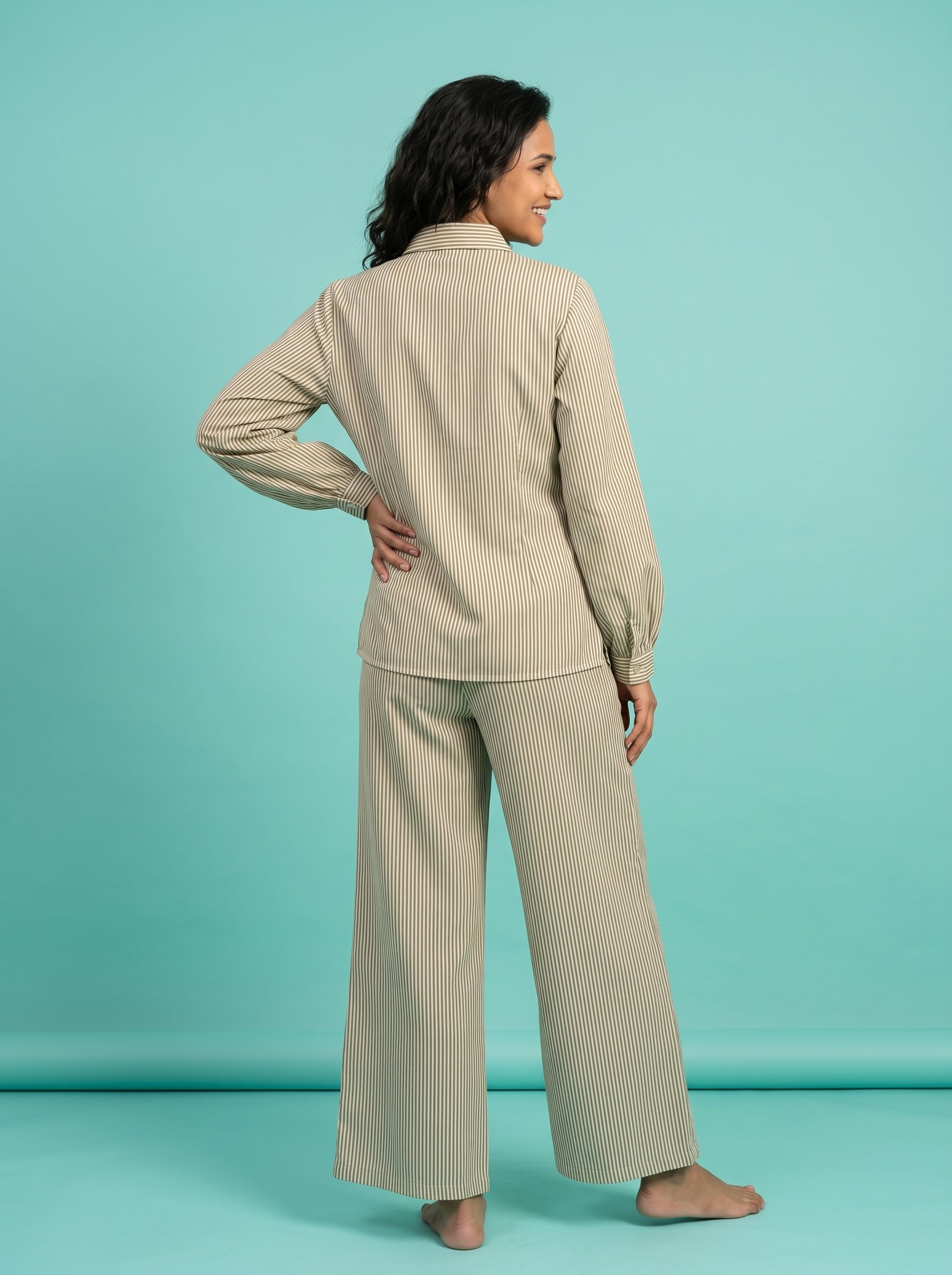 Green Shirt Collar Stripe Print Pure Cotton Night Suit For Women