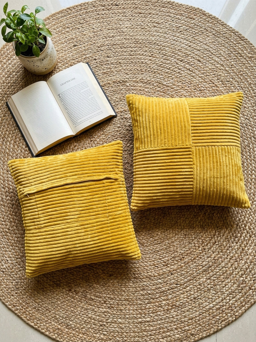 Mustard Yellow Velvet Textured Throw Cushion Cover