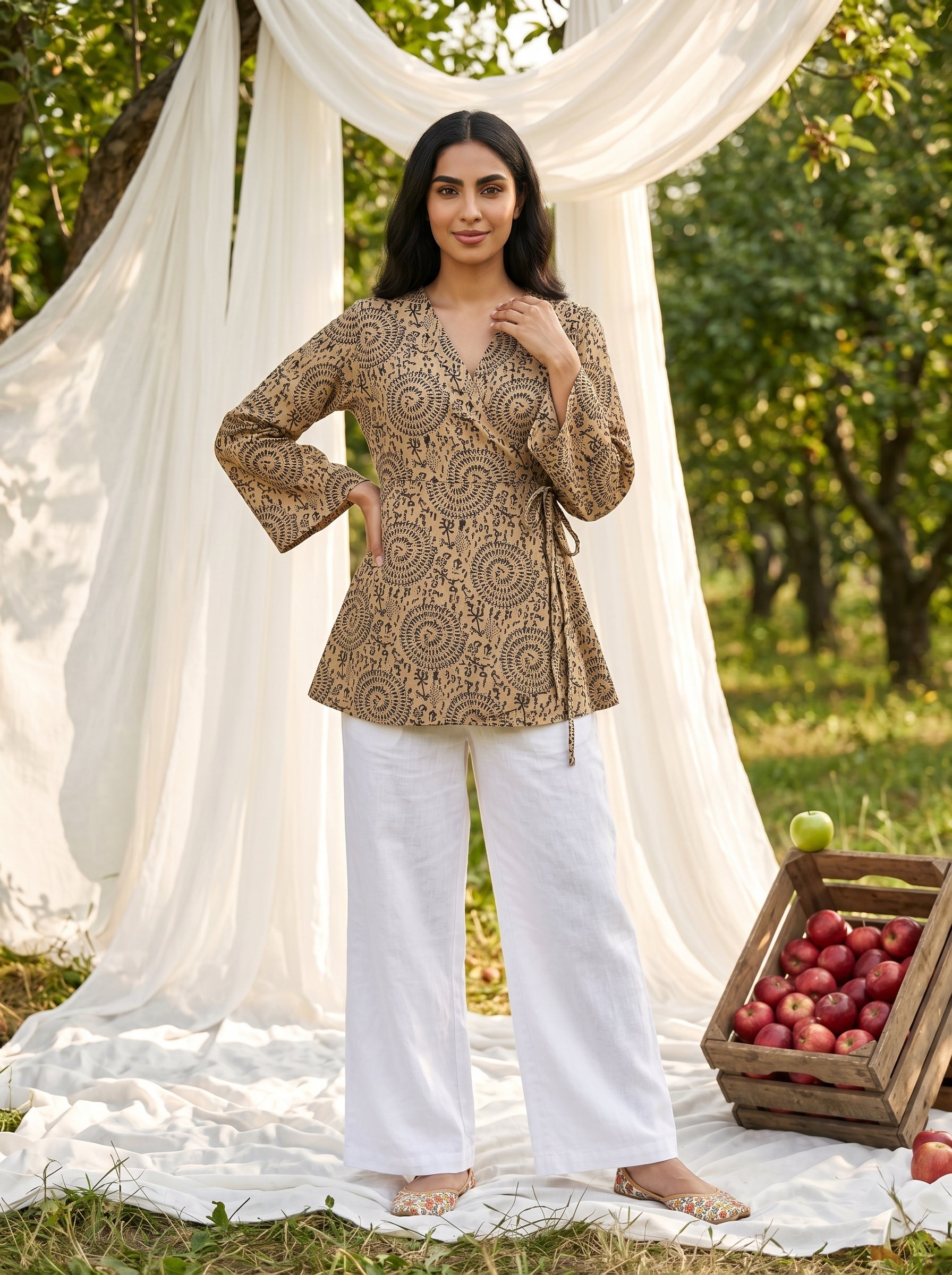 Beige Geometric Print V-Neck Cotton Top For Women