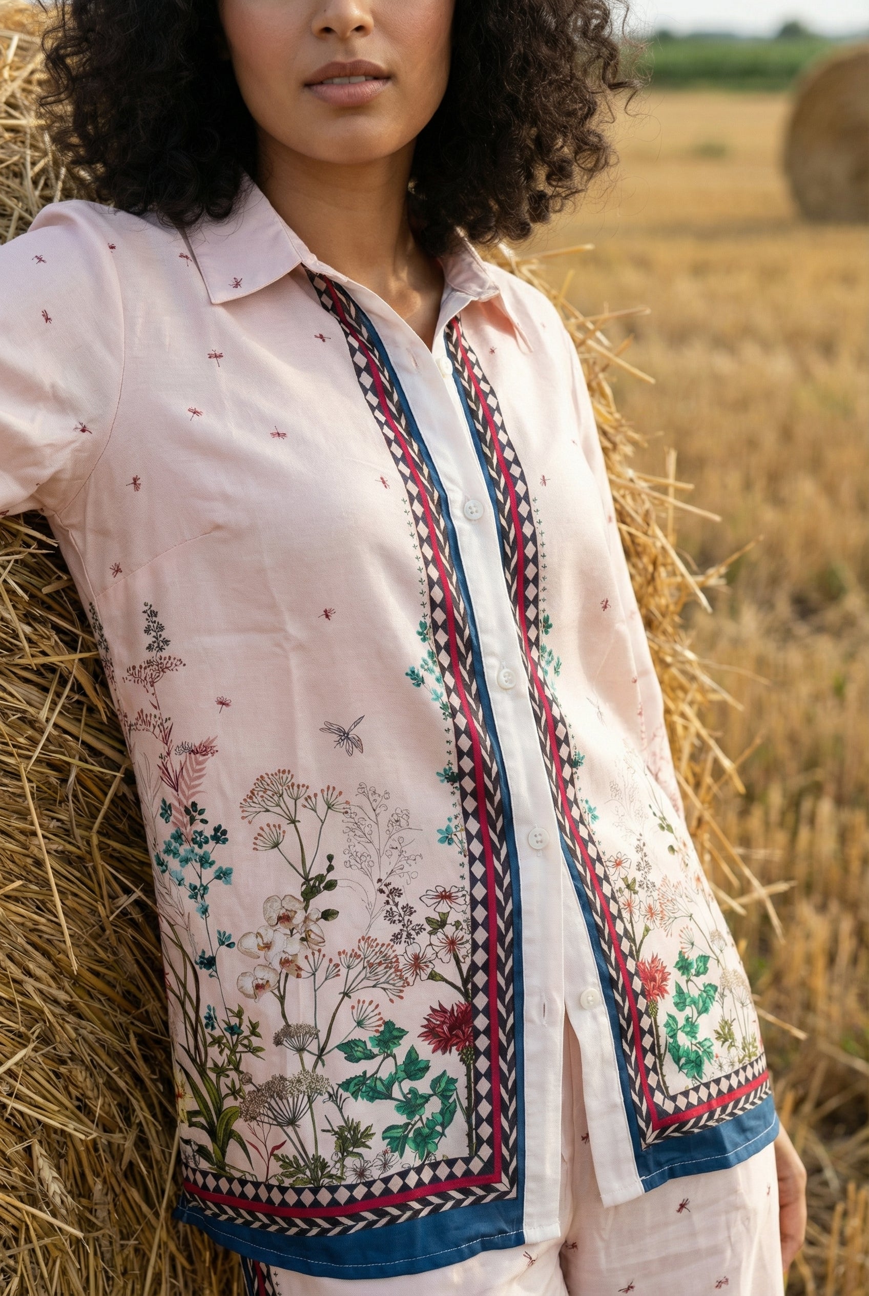 Cream Floral Printed Shirt Collar Co-Ord Set For Women