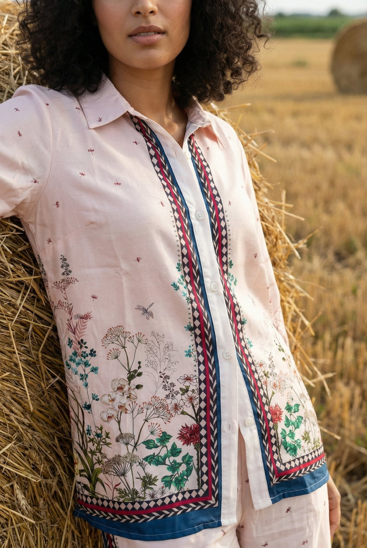Cream Floral Printed Shirt Collar Co-Ord Set For Women