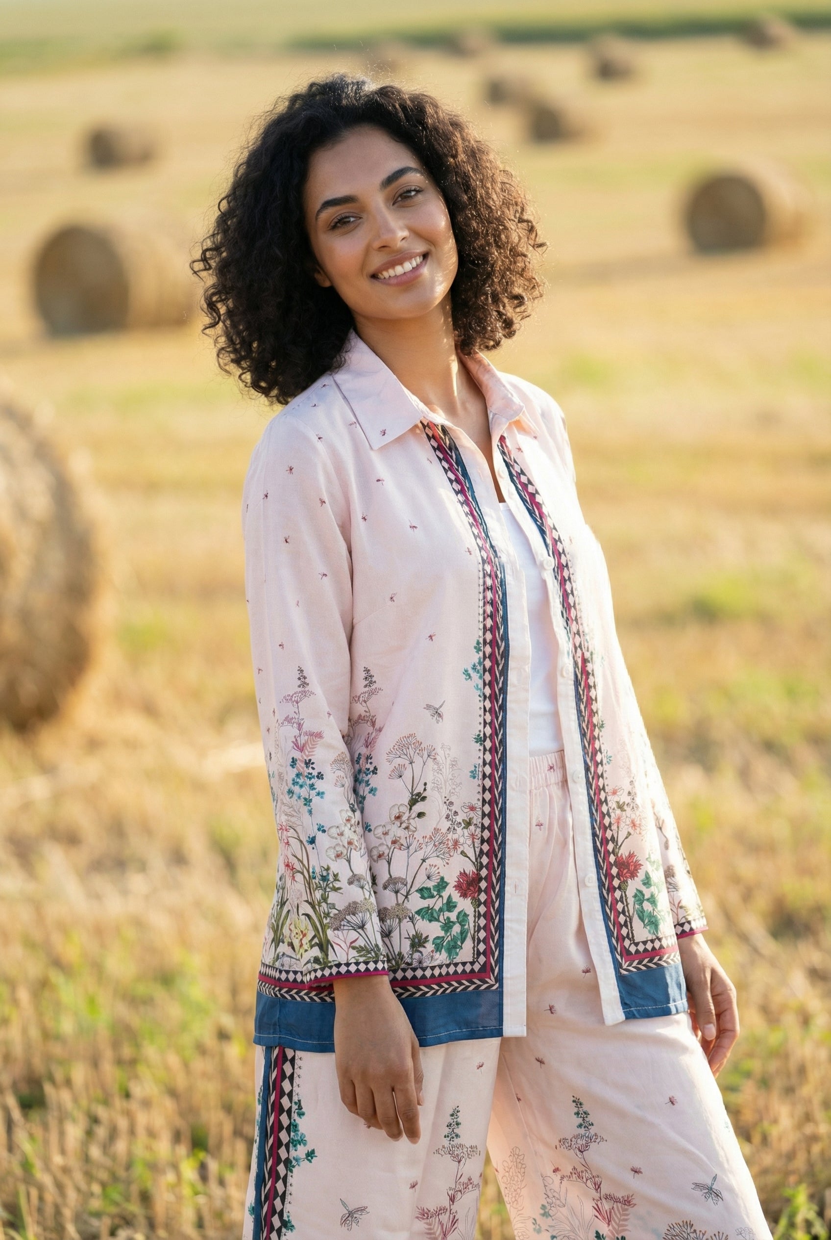 Cream Floral Printed Shirt Collar Co-Ord Set For Women