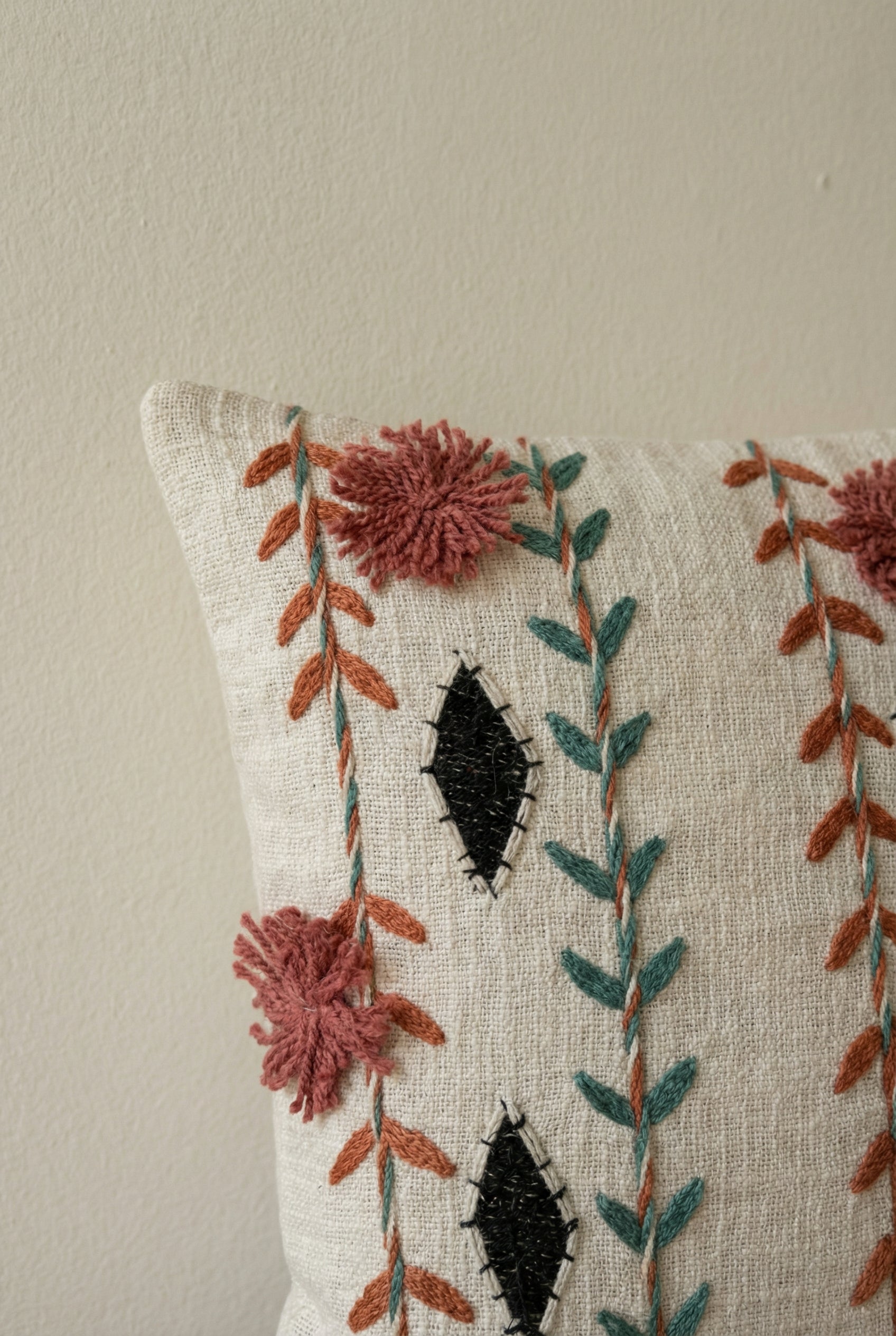 White Floral Squared Embroidered Cotton Cushion Cover