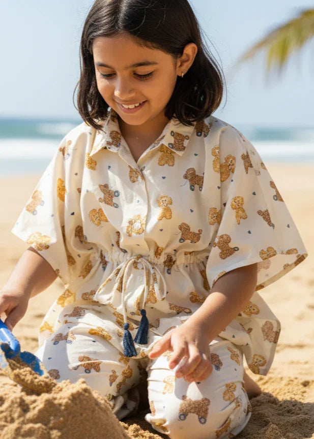 Beige Teddy Print Cotton Night Suit Set for Kids - SanskrutiHomes