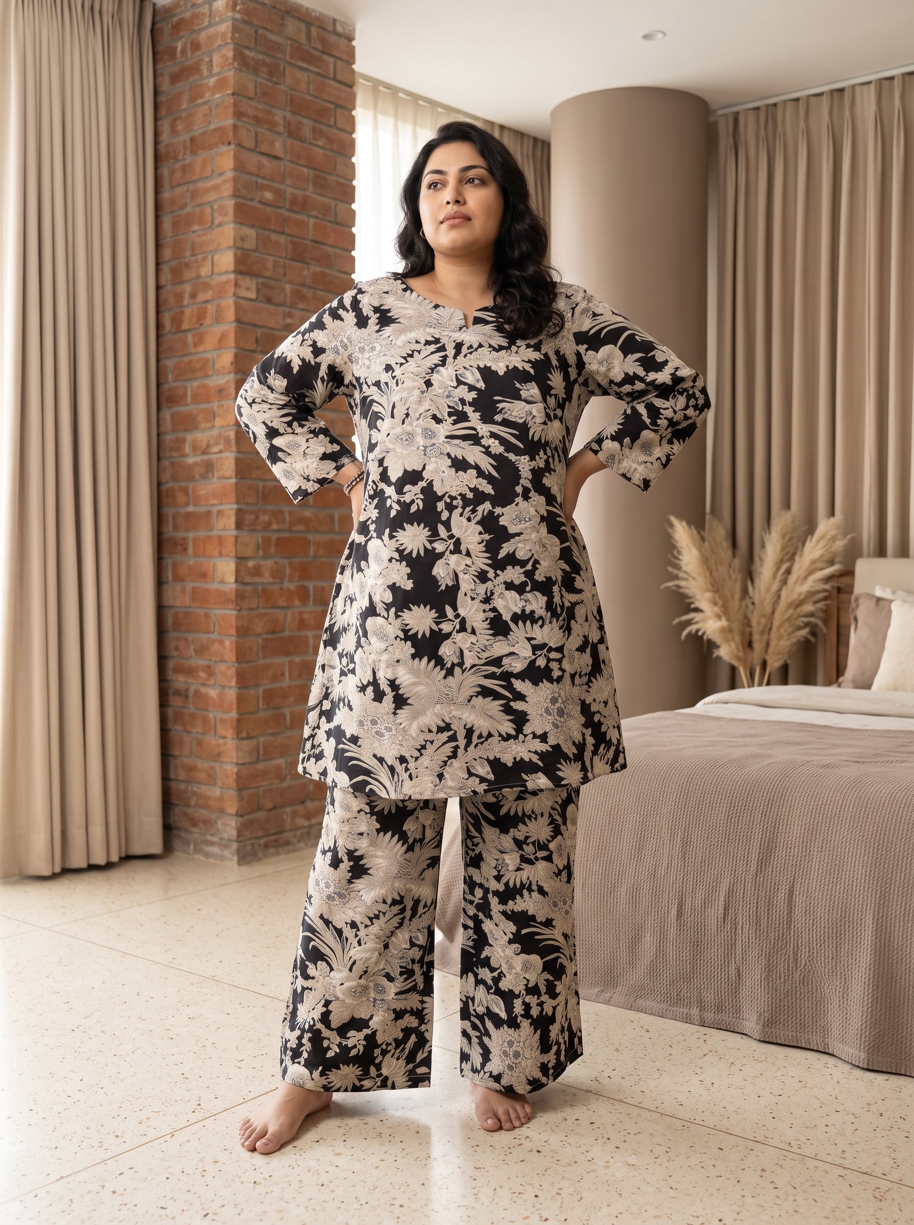 Black Floral Notch Neck Cotton Plus Size Night Suit For Women