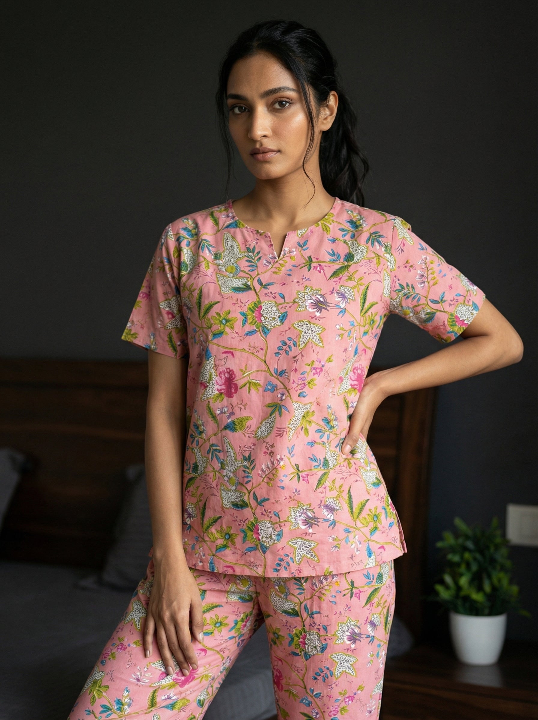 Pink Cotton Printed Round Neck Night Suit Set For Women