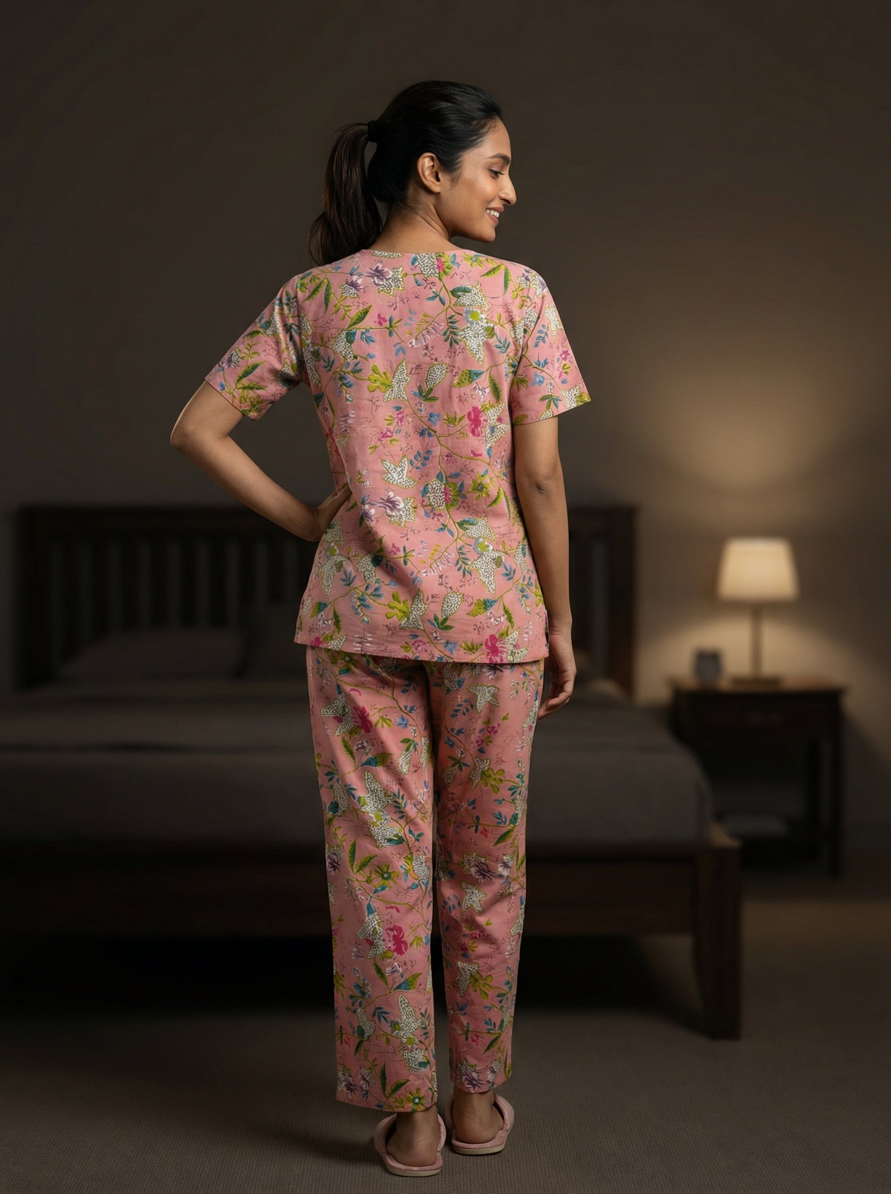 Pink Round Neck Floral Print Cotton Night Suit Set For Women
