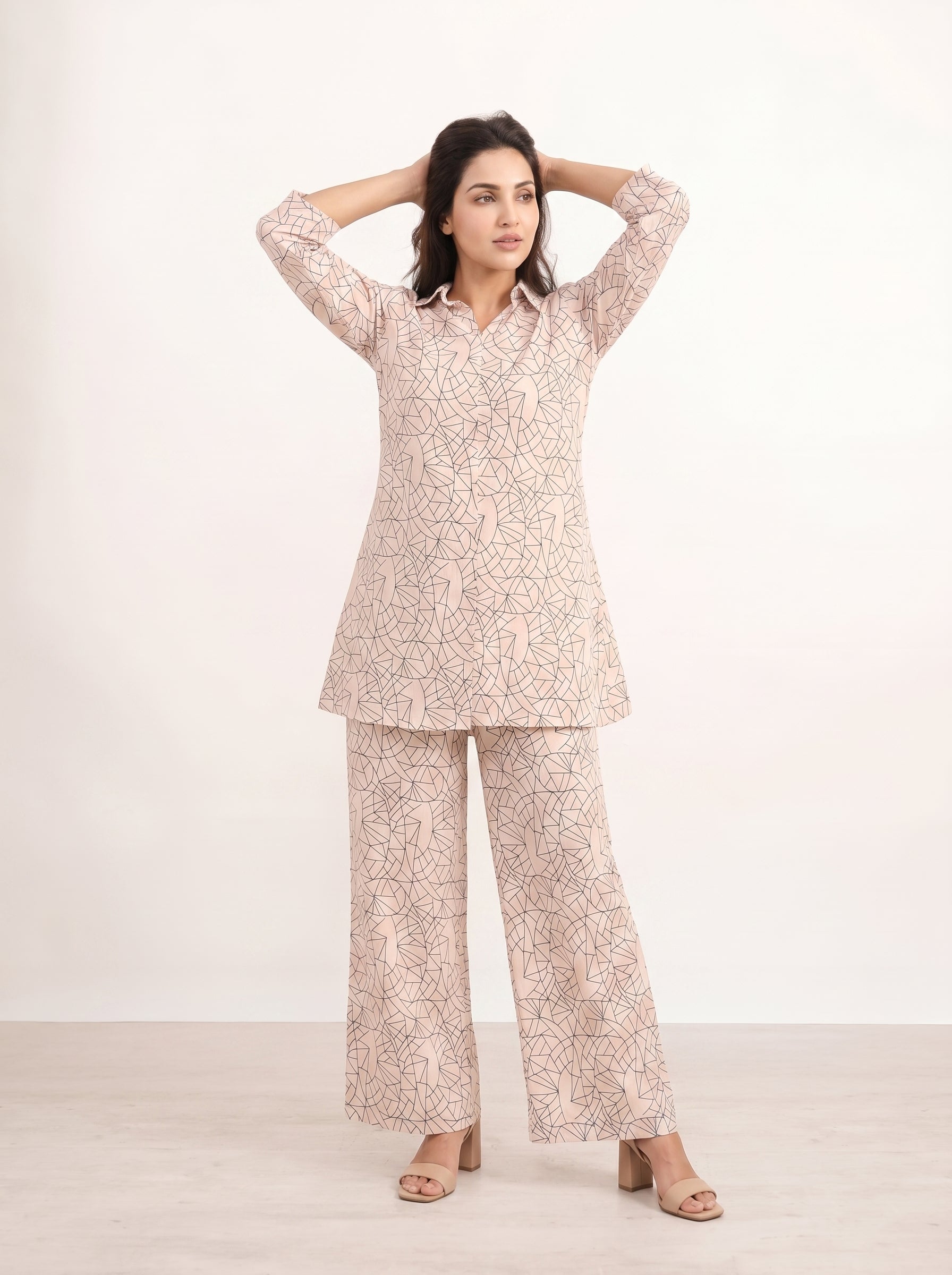 Cream Shirt Collar Geometric Print Night Suit For Women
