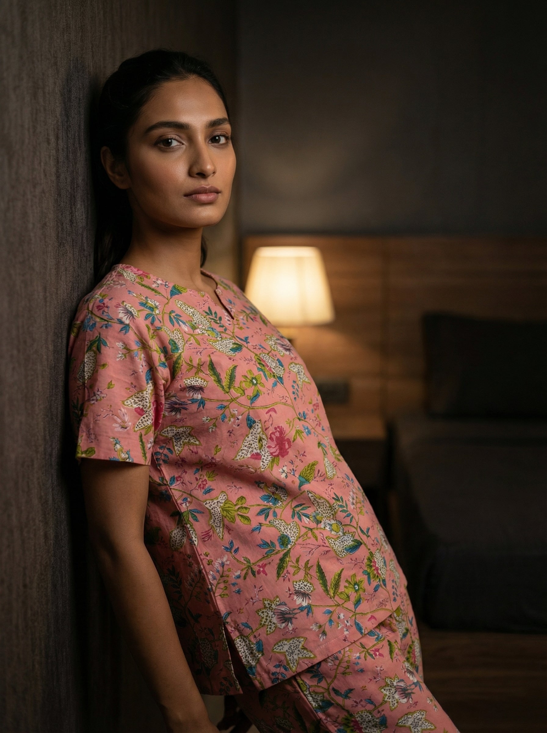 Pink Round Neck Floral Print Cotton Night Suit Set For Women