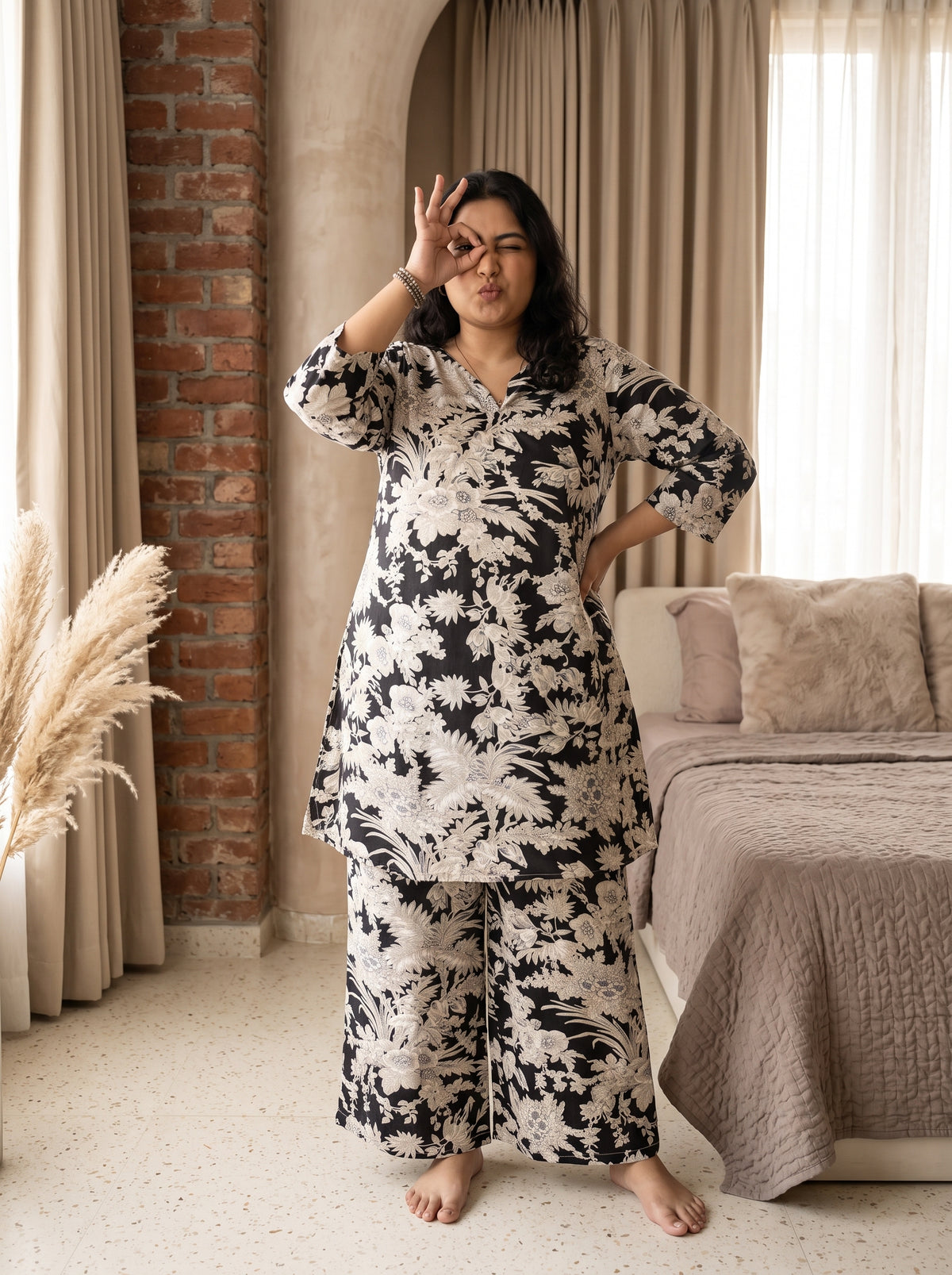 Black Floral Notch Neck Cotton Plus Size Night Suit For Women