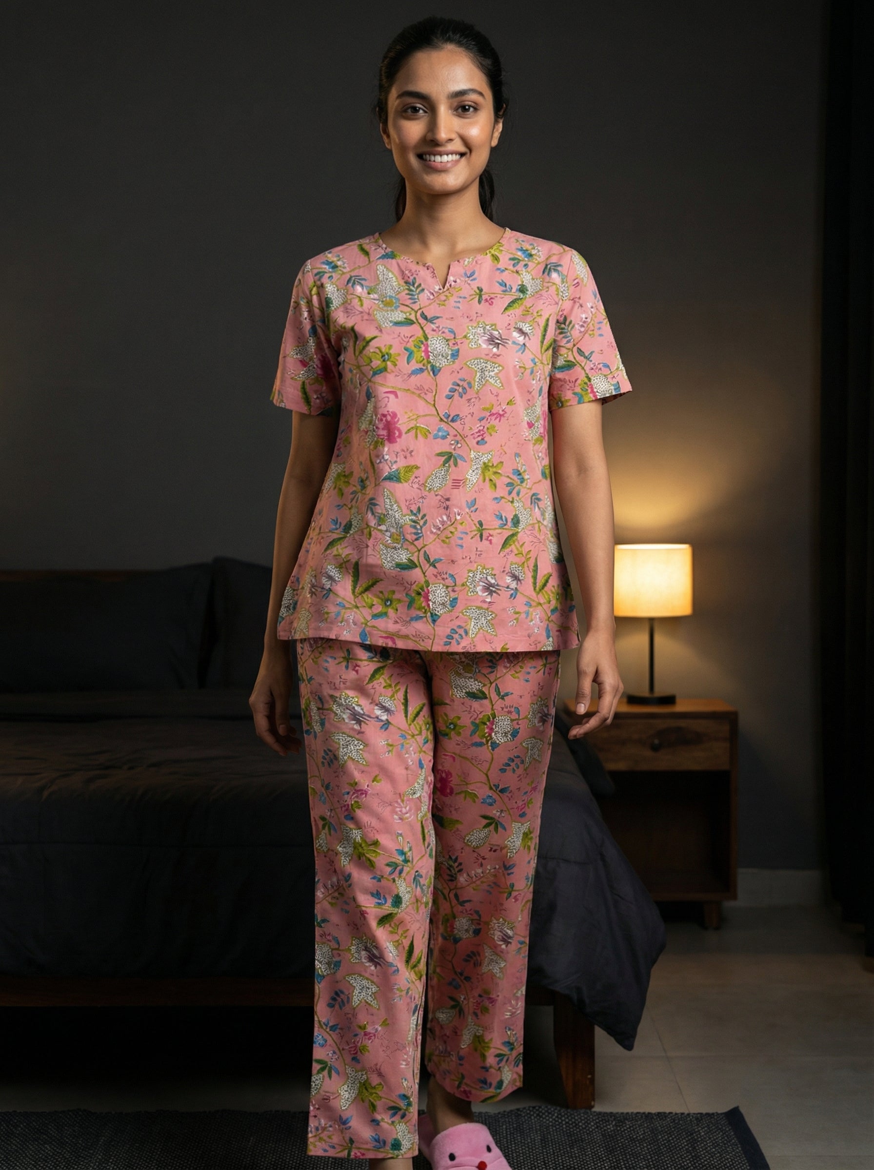 Pink Round Neck Floral Print Cotton Night Suit Set For Women