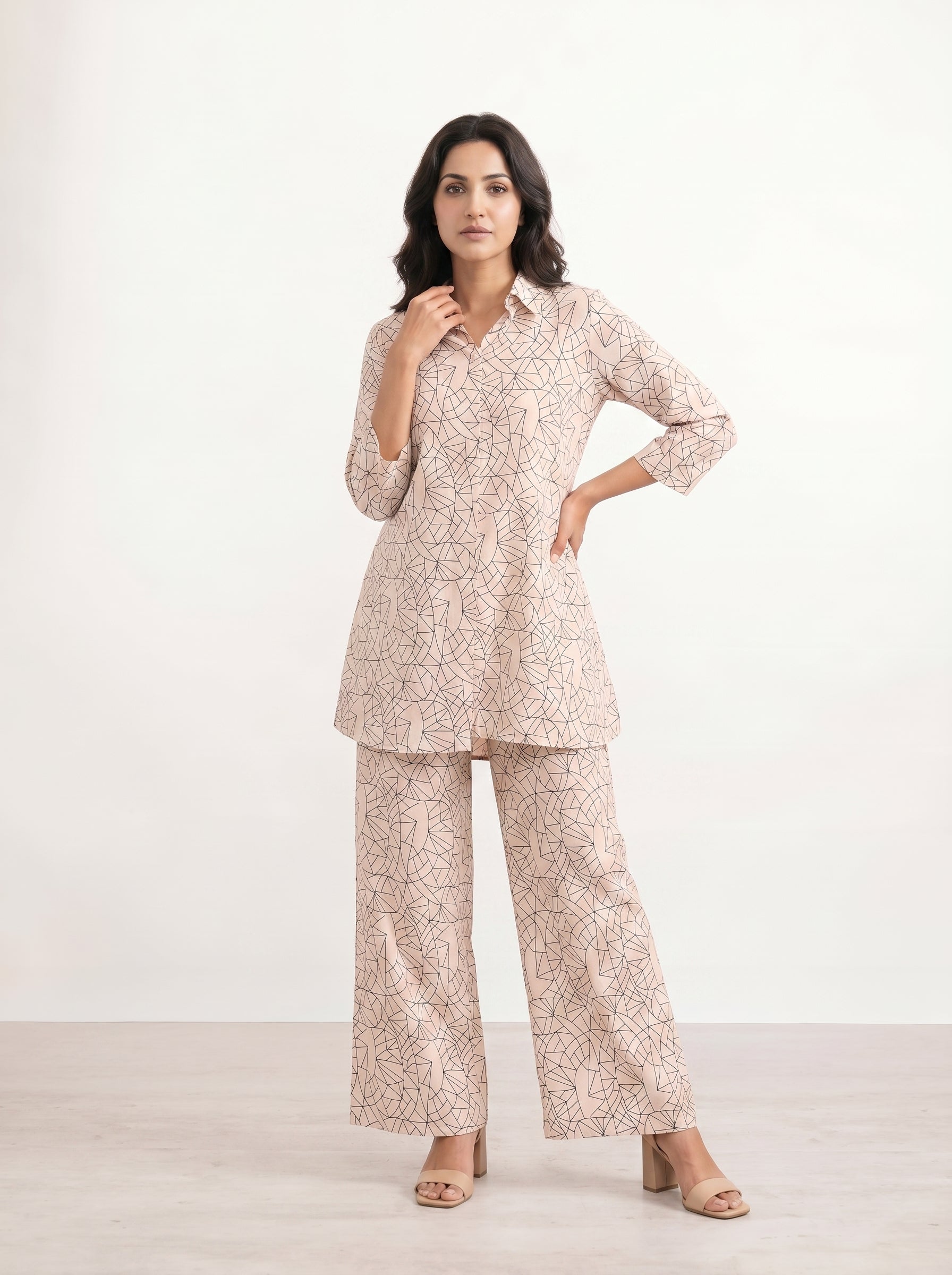 Cream Shirt Collar Geometric Print Night Suit For Women