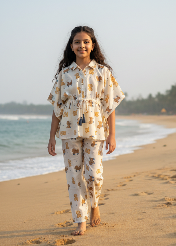 Beige Teddy Print Cotton Night Suit Set for Kids