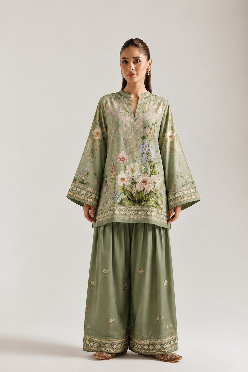 Sage Green Botanical Floral Print Tunic & Farshi Salwar Co-Ord Set