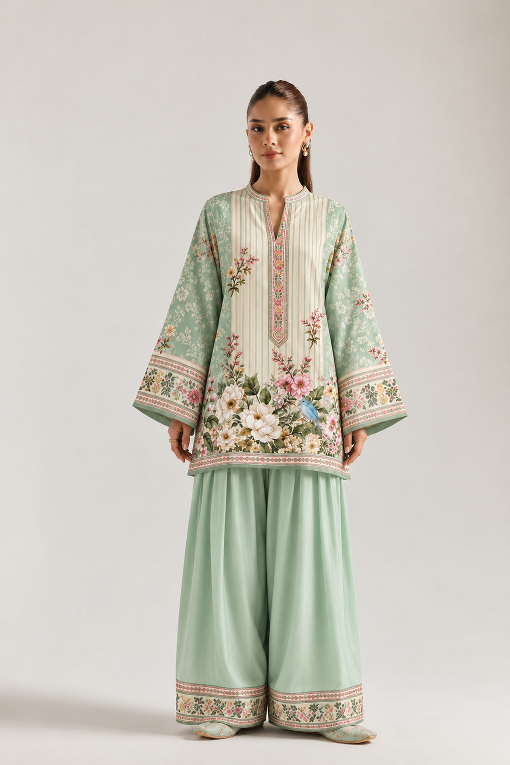 Mint Green Pastel Floral & Striped Tunic With Farshi Salwar Co-Ord Set