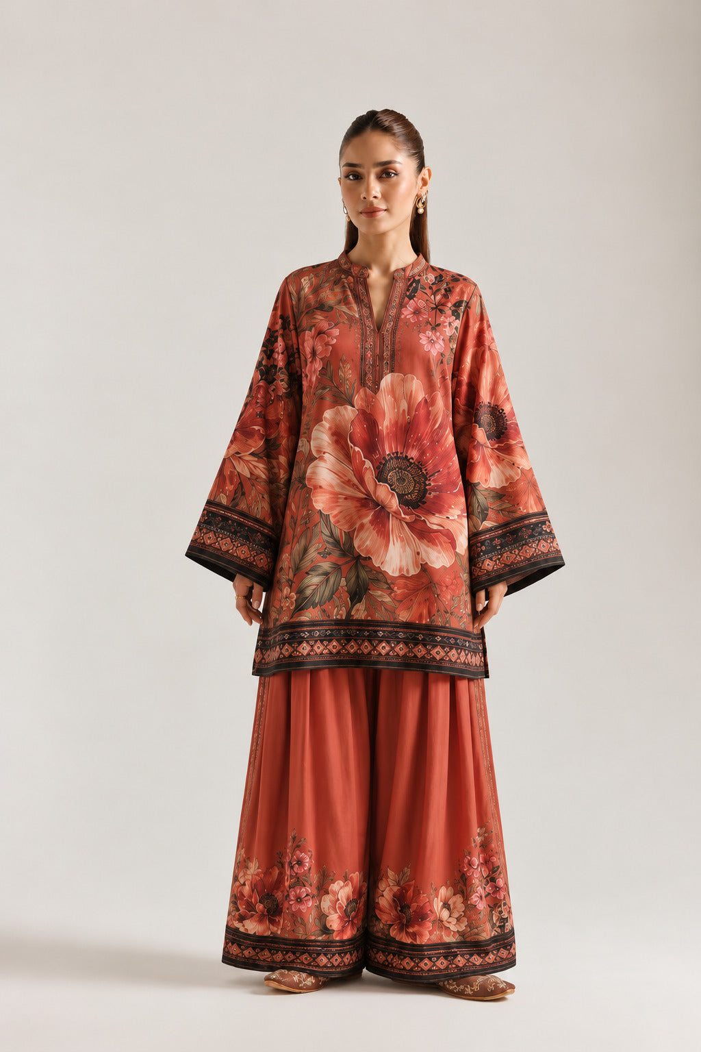 Red Statement Mandarin Neck Floral Tunic & Farshi Salwar Co-Ord Set