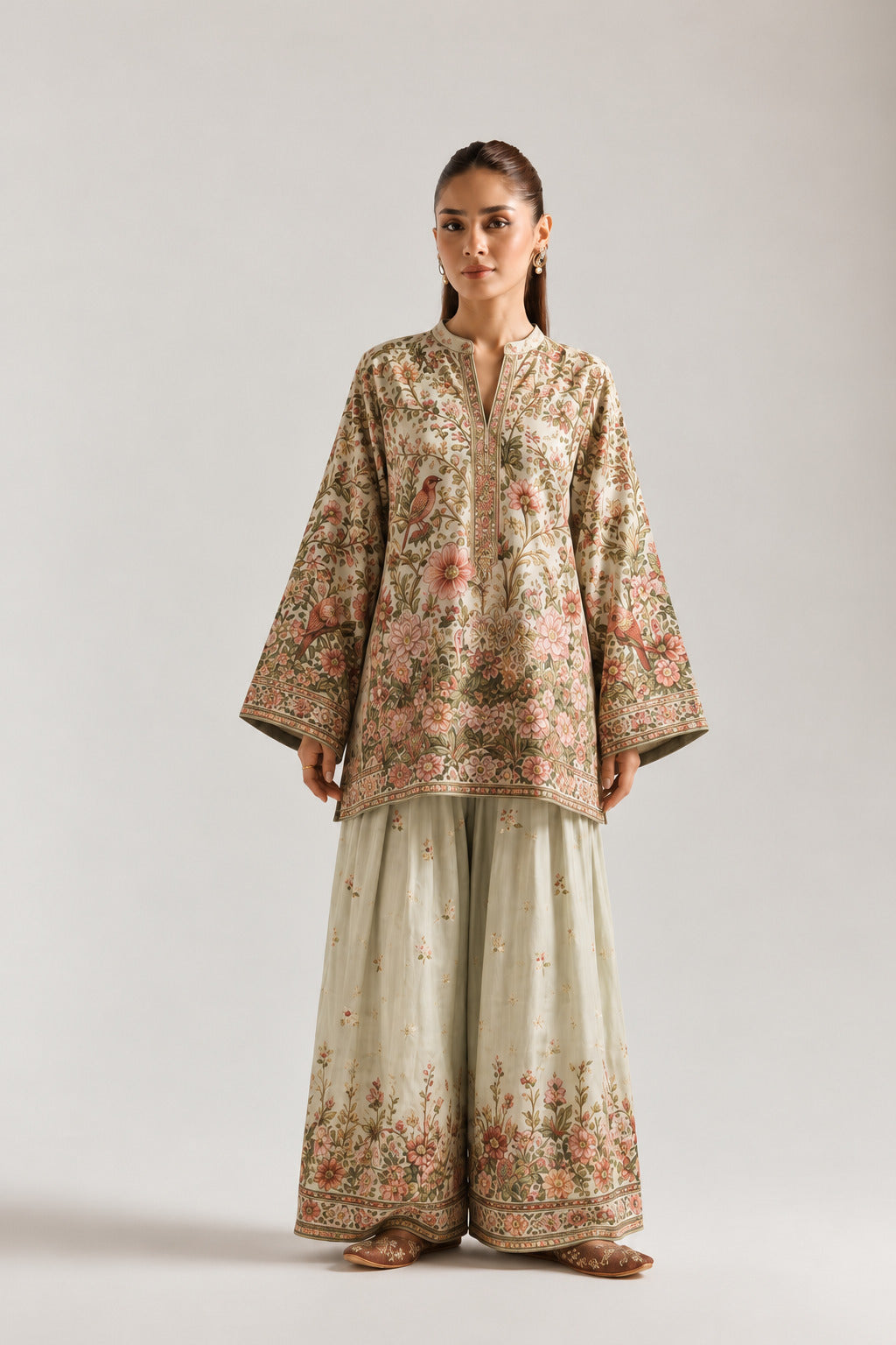 Green Floral & Bird Print Tunic & Farshi Salwar Co-Ord Set For Women