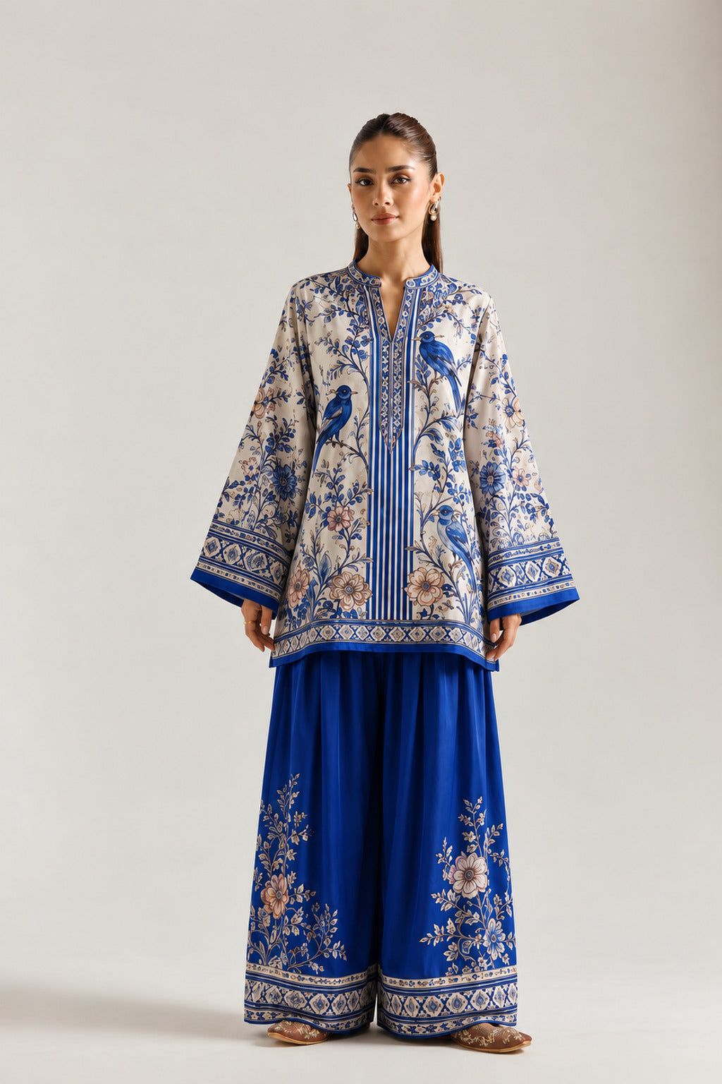Blue Avian & Floral Print Tunic With Royal Blue Farshi Salwar Co-Ord Set