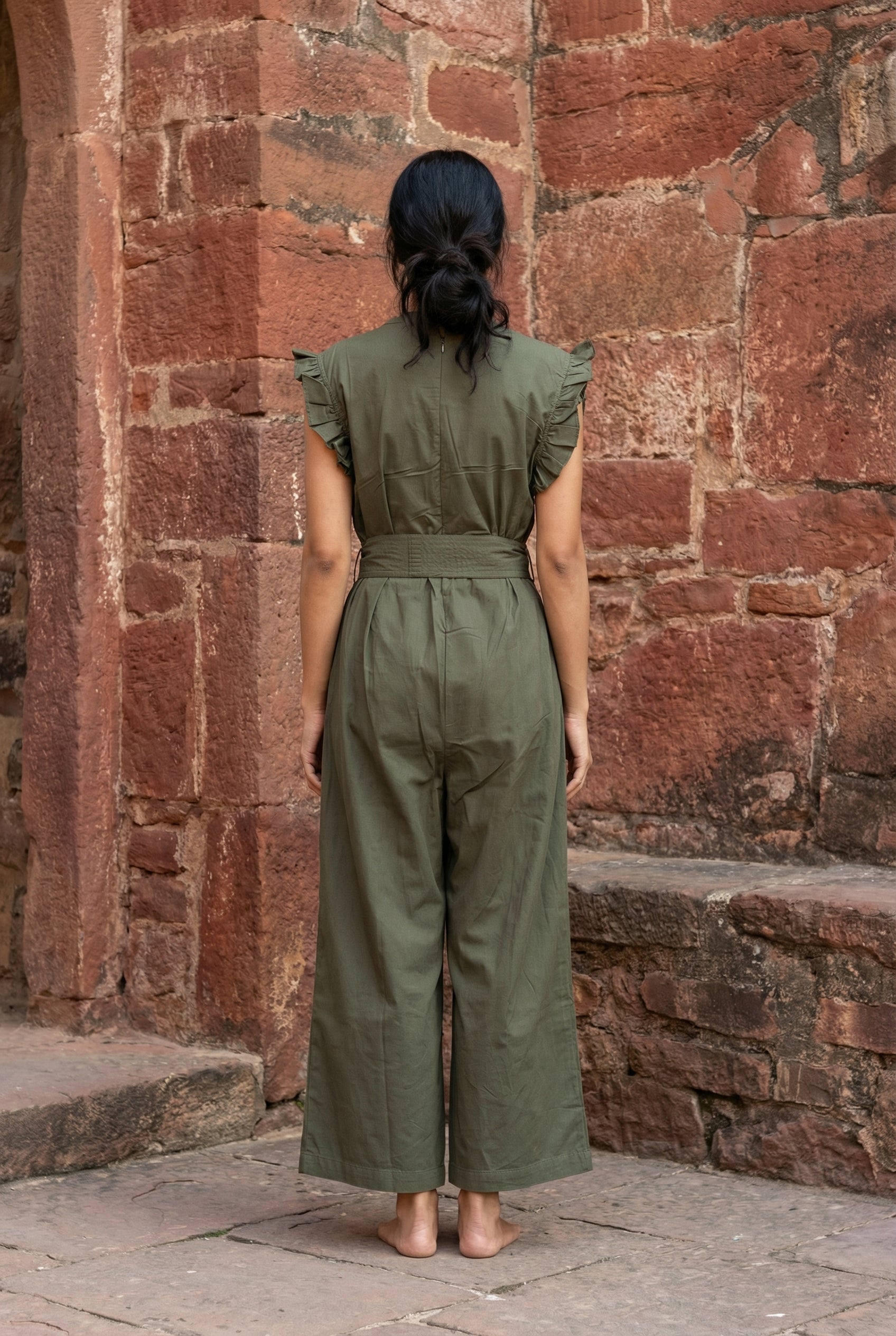 Olive Green Solid V-Neck Belted Cotton Jumpsuit for Women