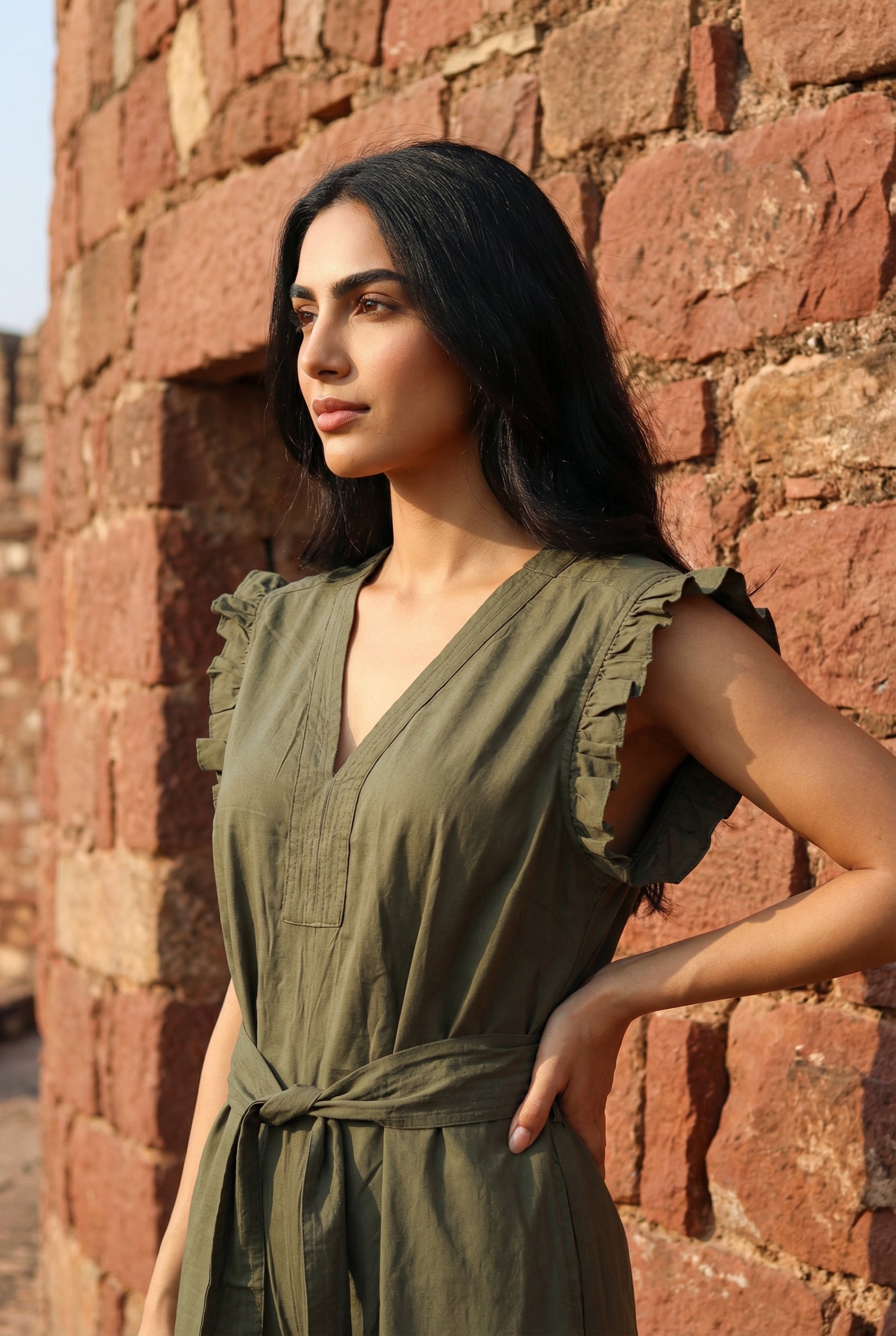 Olive Green Solid V-Neck Belted Cotton Jumpsuit for Women