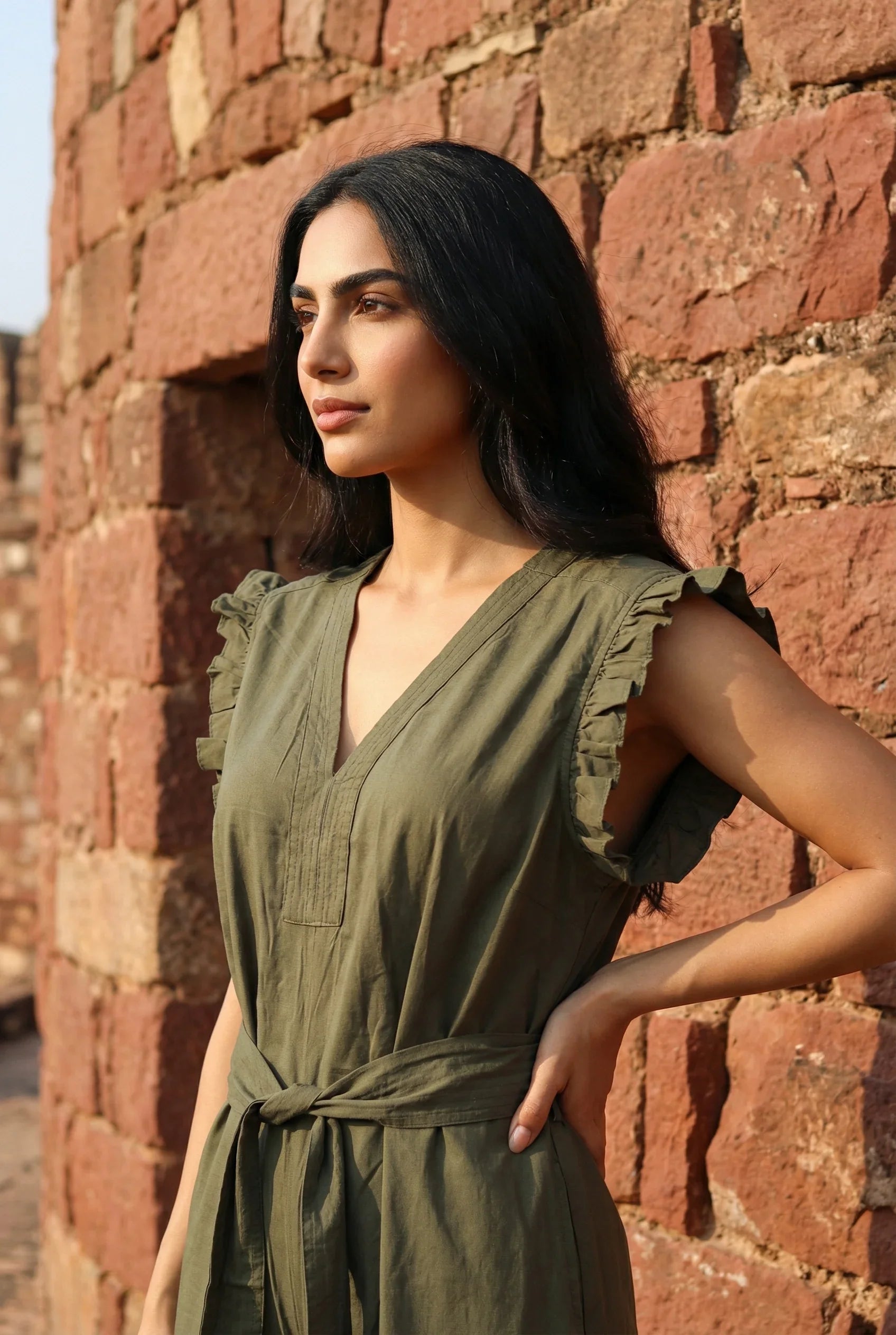 Olive Green Solid V-Neck Belted Cotton Jumpsuit for Women - SanskrutiHomes