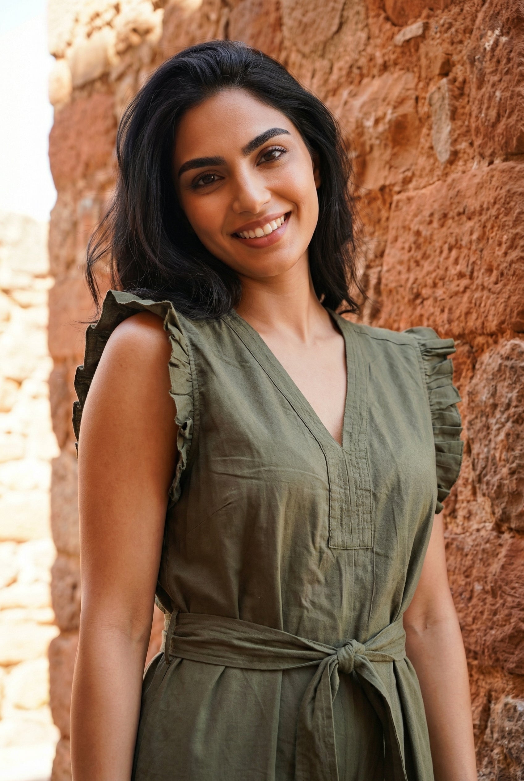 Olive Green Solid V-Neck Belted Cotton Jumpsuit for Women