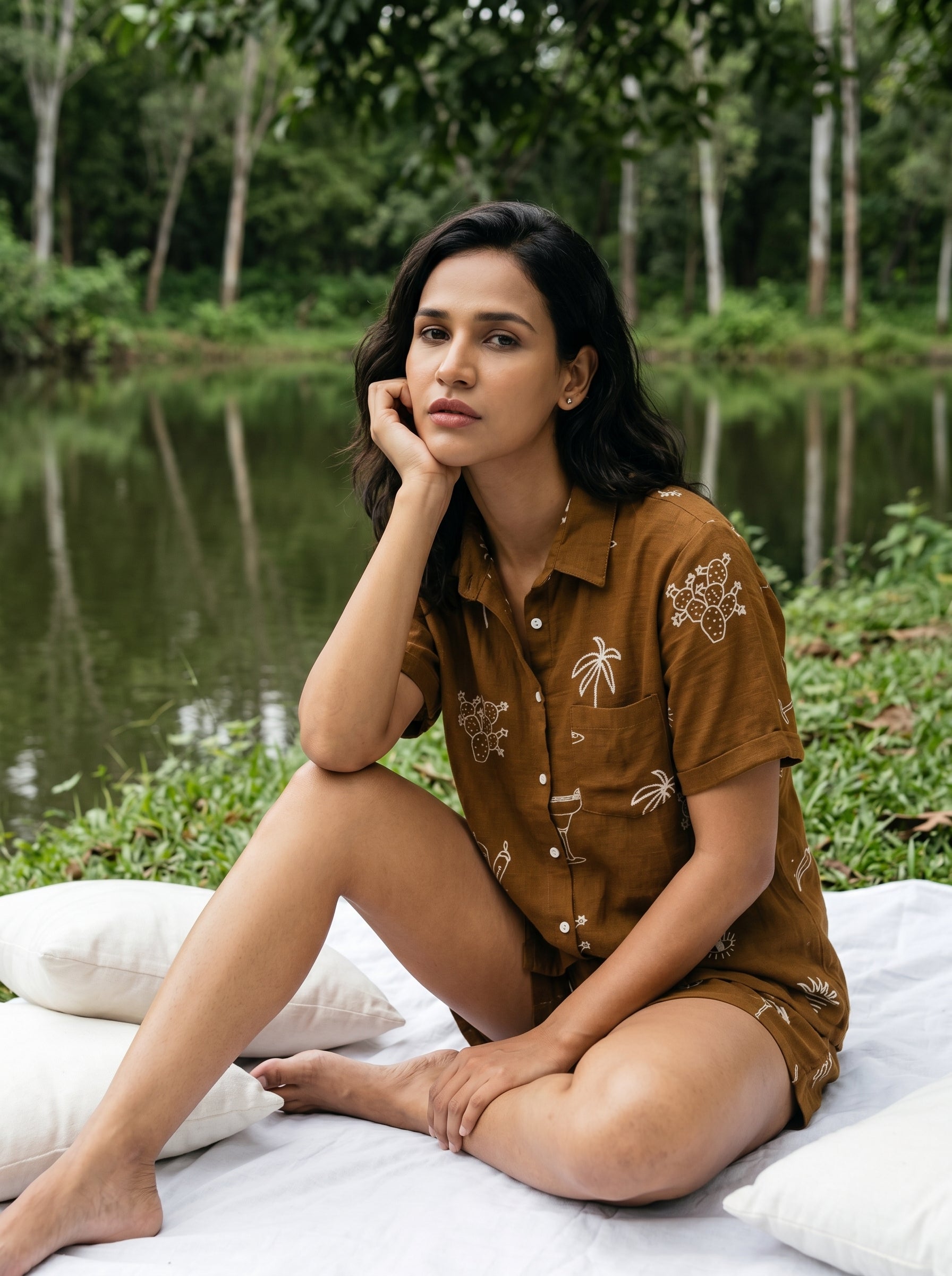 Brown Floral Print Shirt Collar Pure Cotton Night Suit For Women