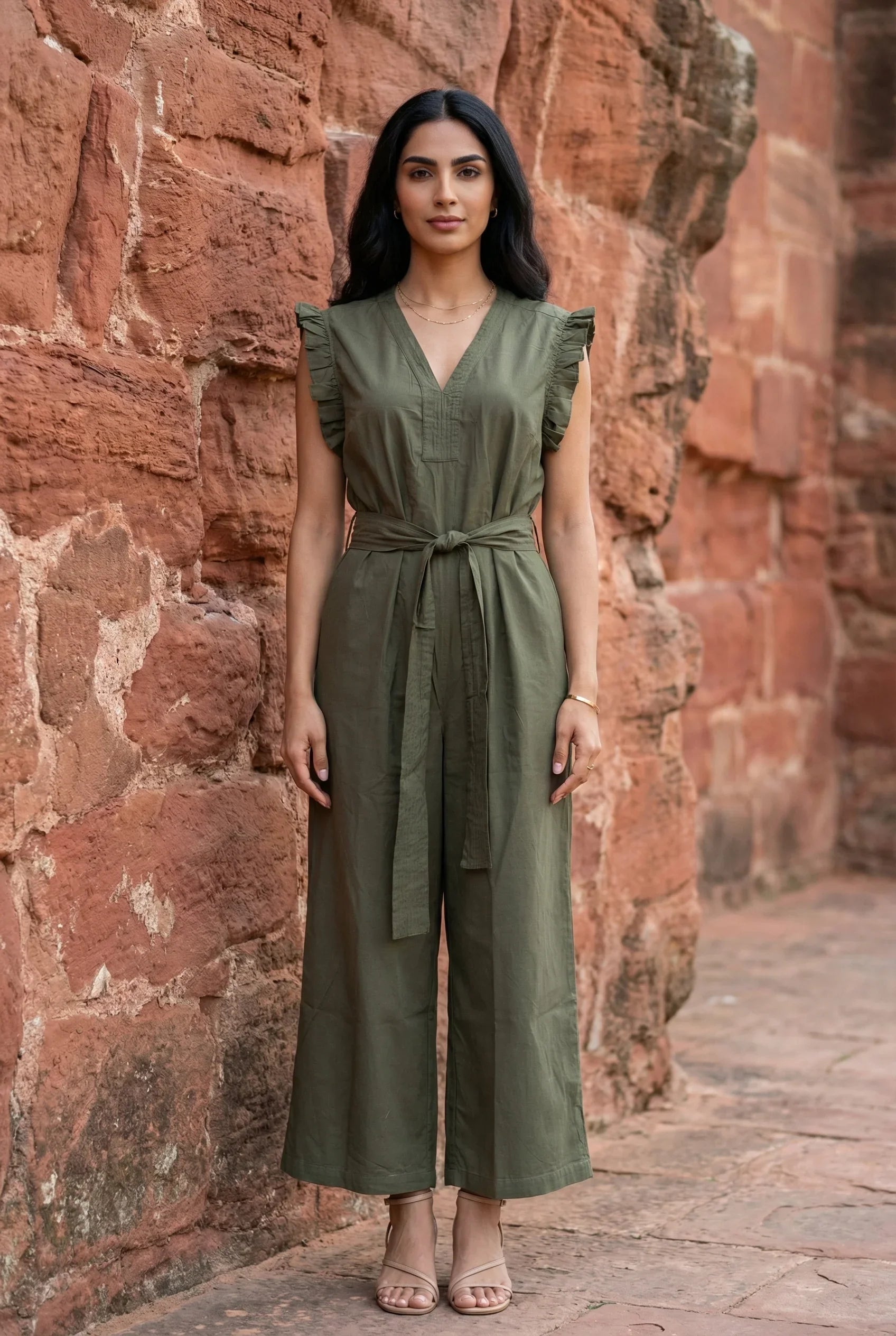 Olive Green Solid V-Neck Belted Cotton Jumpsuit for Women - SanskrutiHomes