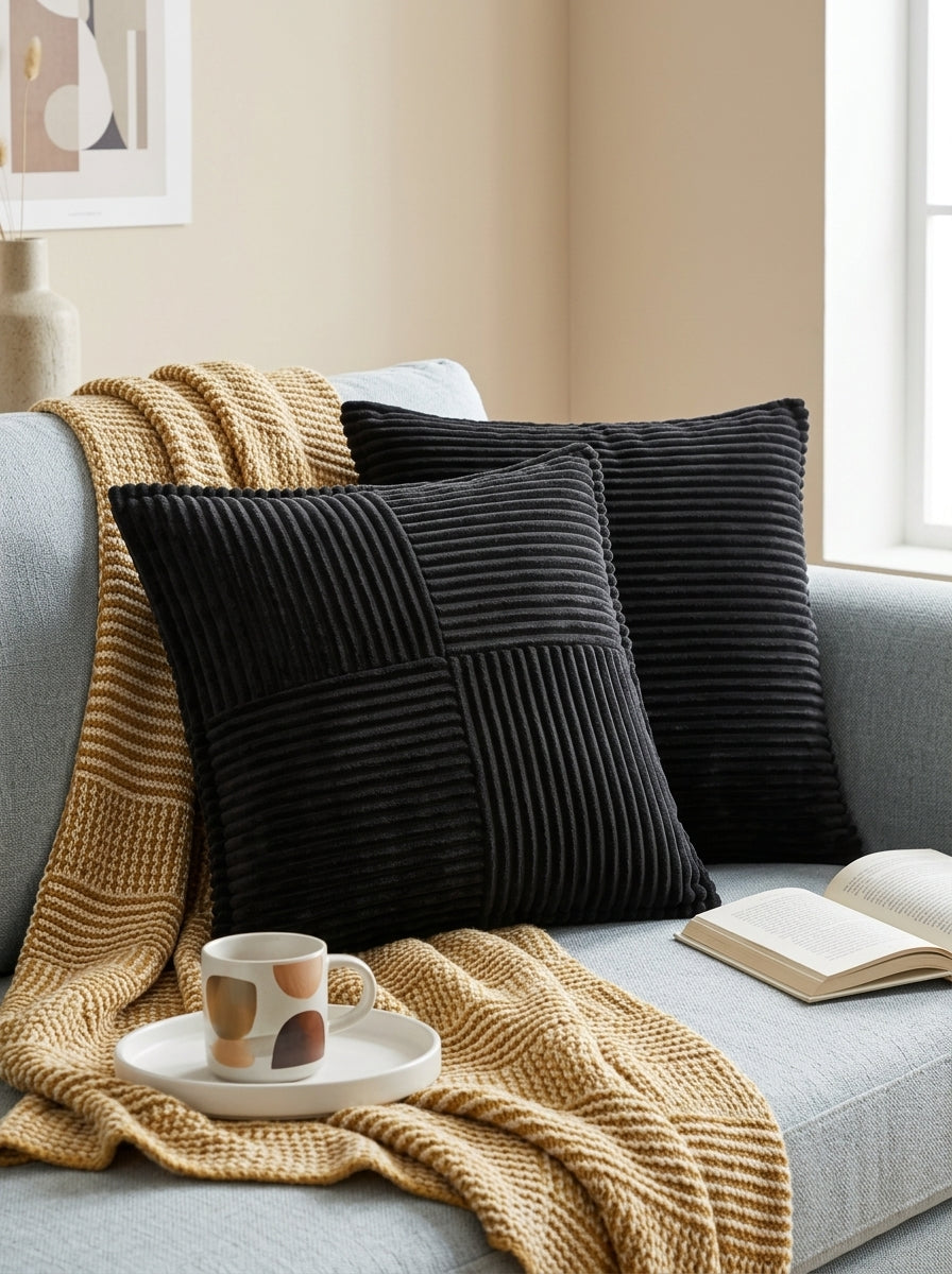 Black Velvet Square Textured Striped Cushion Cover