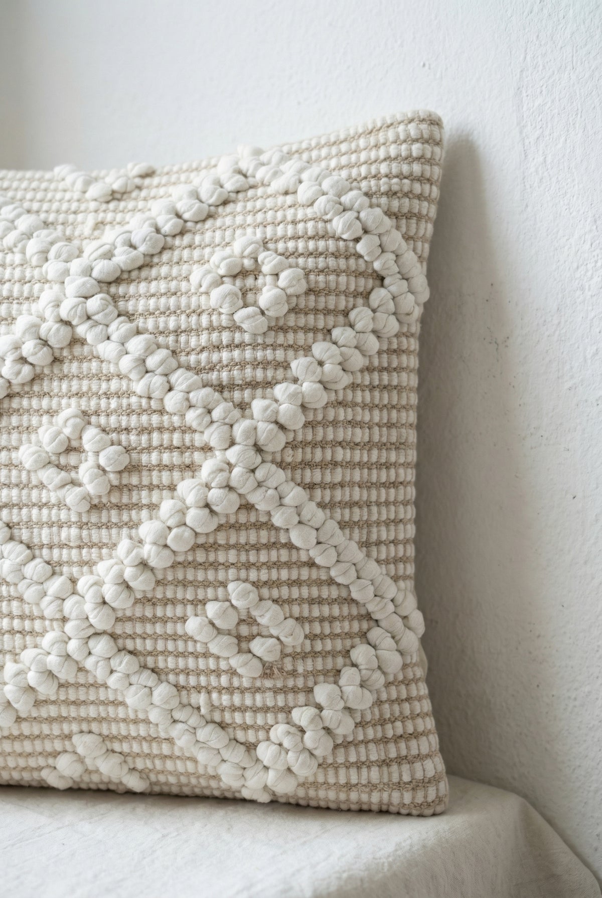 White Geometric Textured Embroidered Cotton Cushion Cover