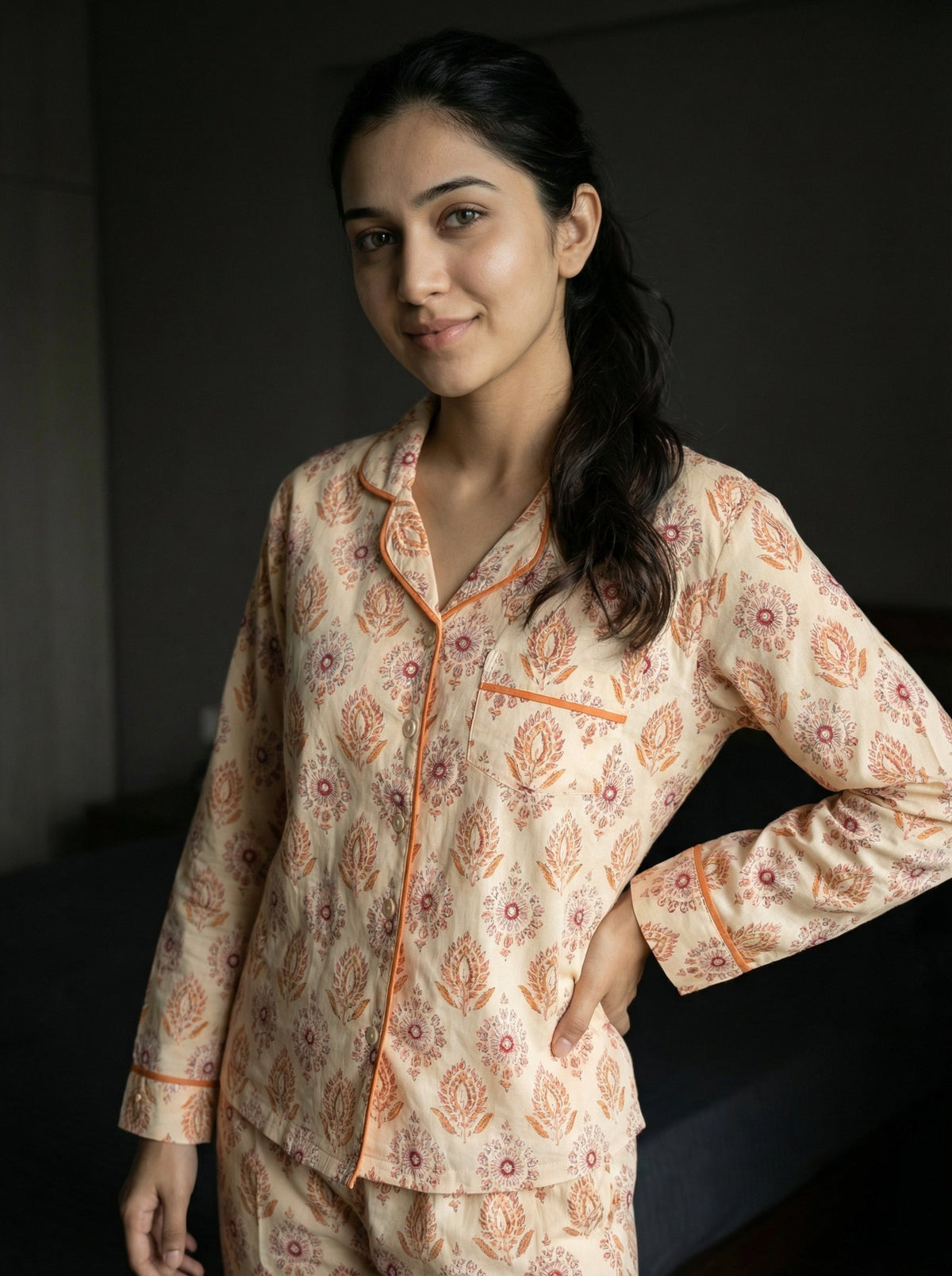 Beige Motifs Print Lapel Collar Cotton Night Suit For Women