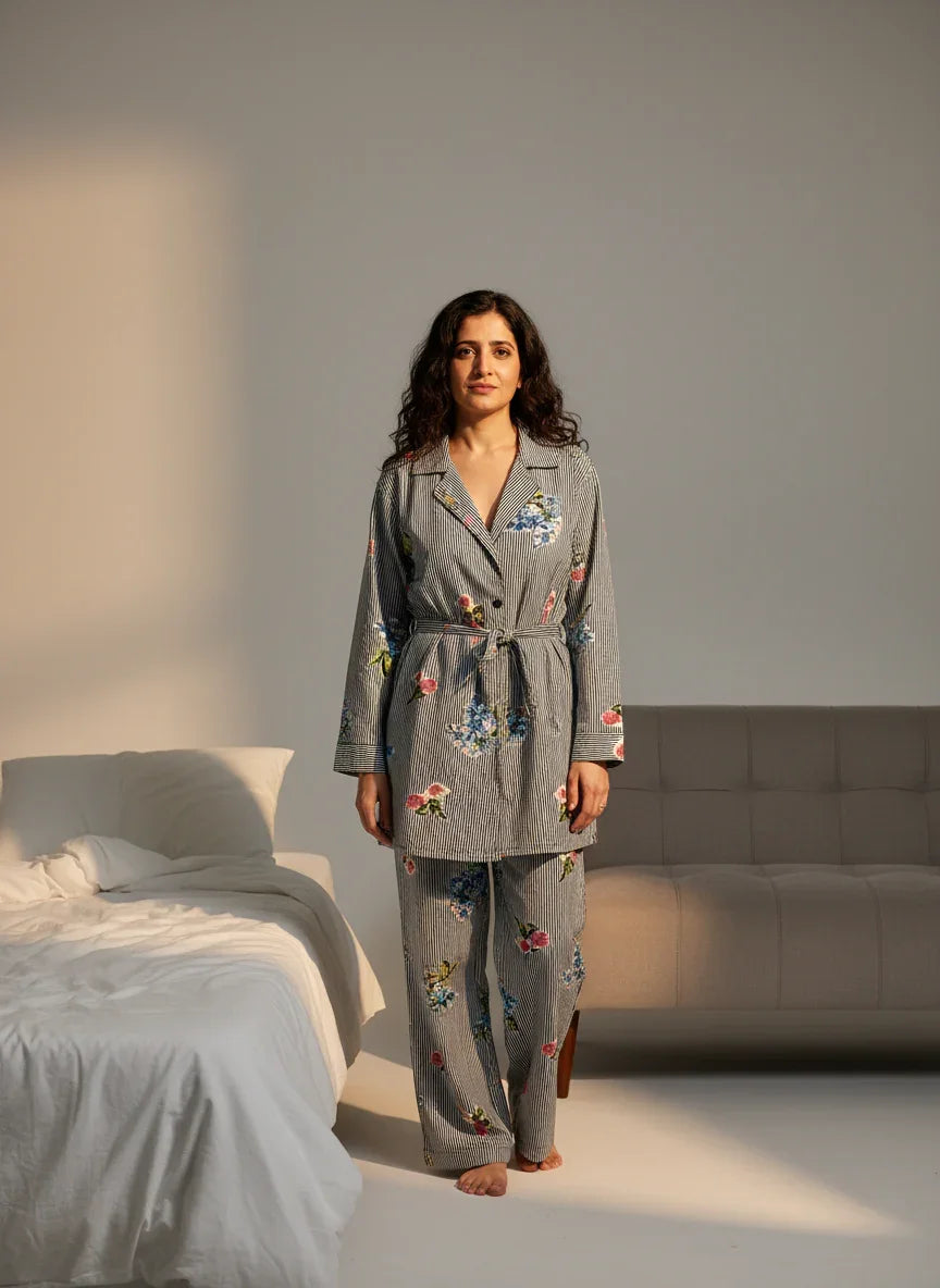 Blue Pure Cotton Lapel Collar Striped Night Suit for Women - SanskrutiHomes