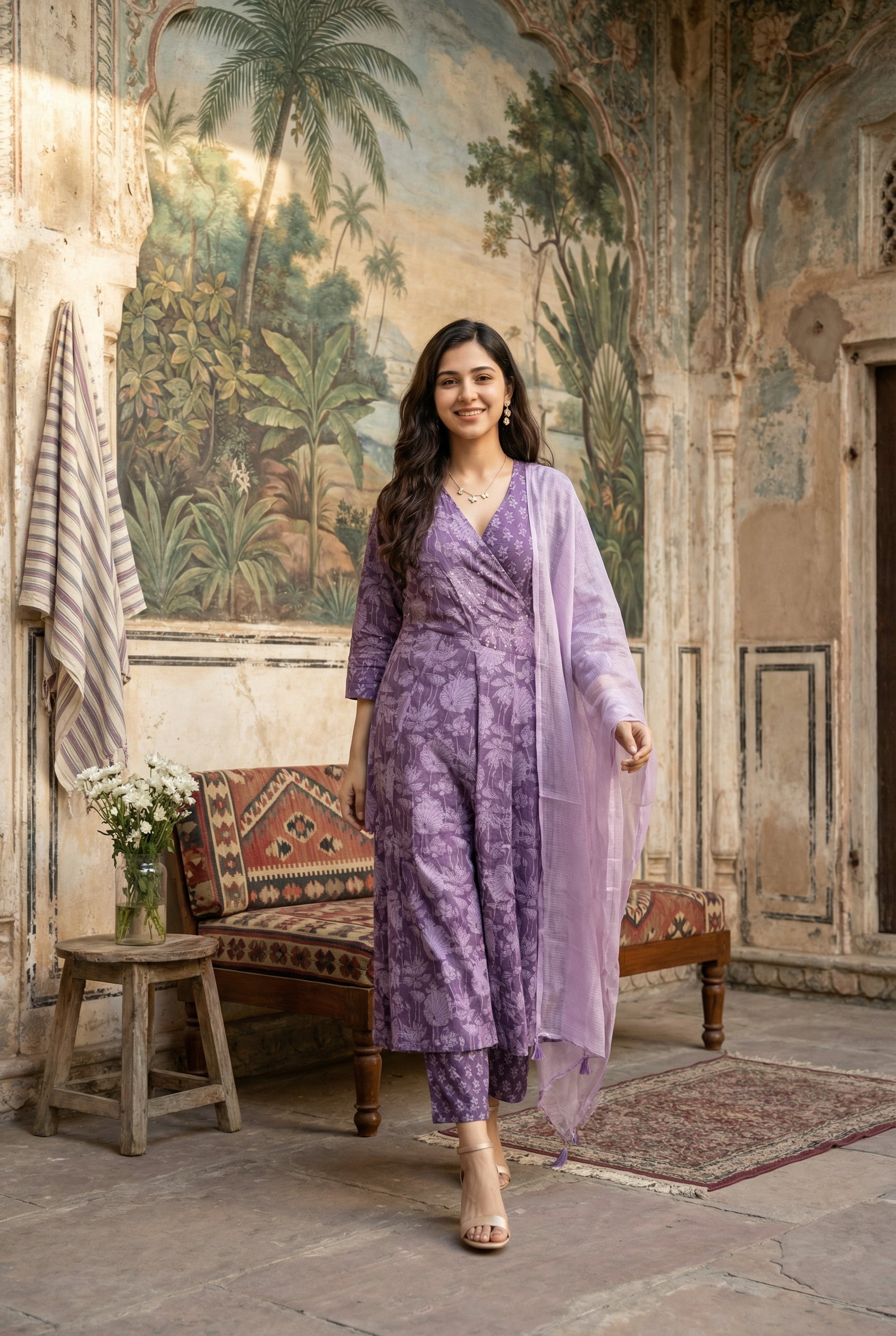 Purple Floral Print V-Neck Pure Cotton Kurta Set With Dupatta For Women