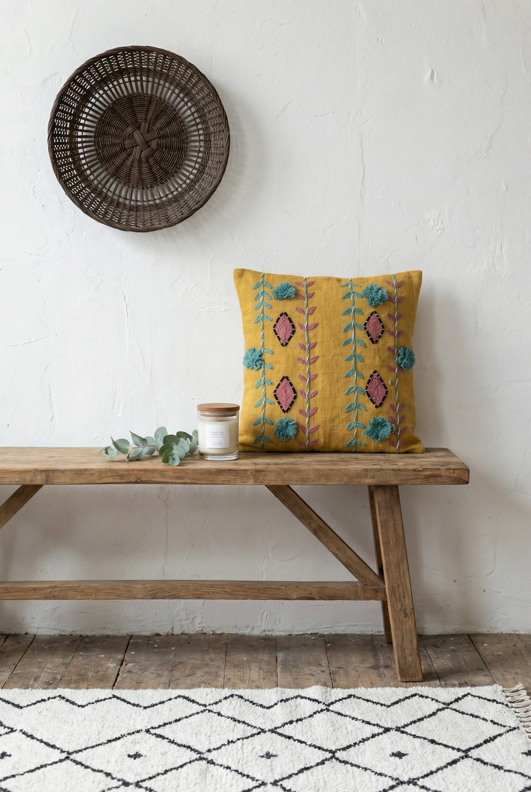 Mustard Squared Embroidered Floral Design Cushion Cover