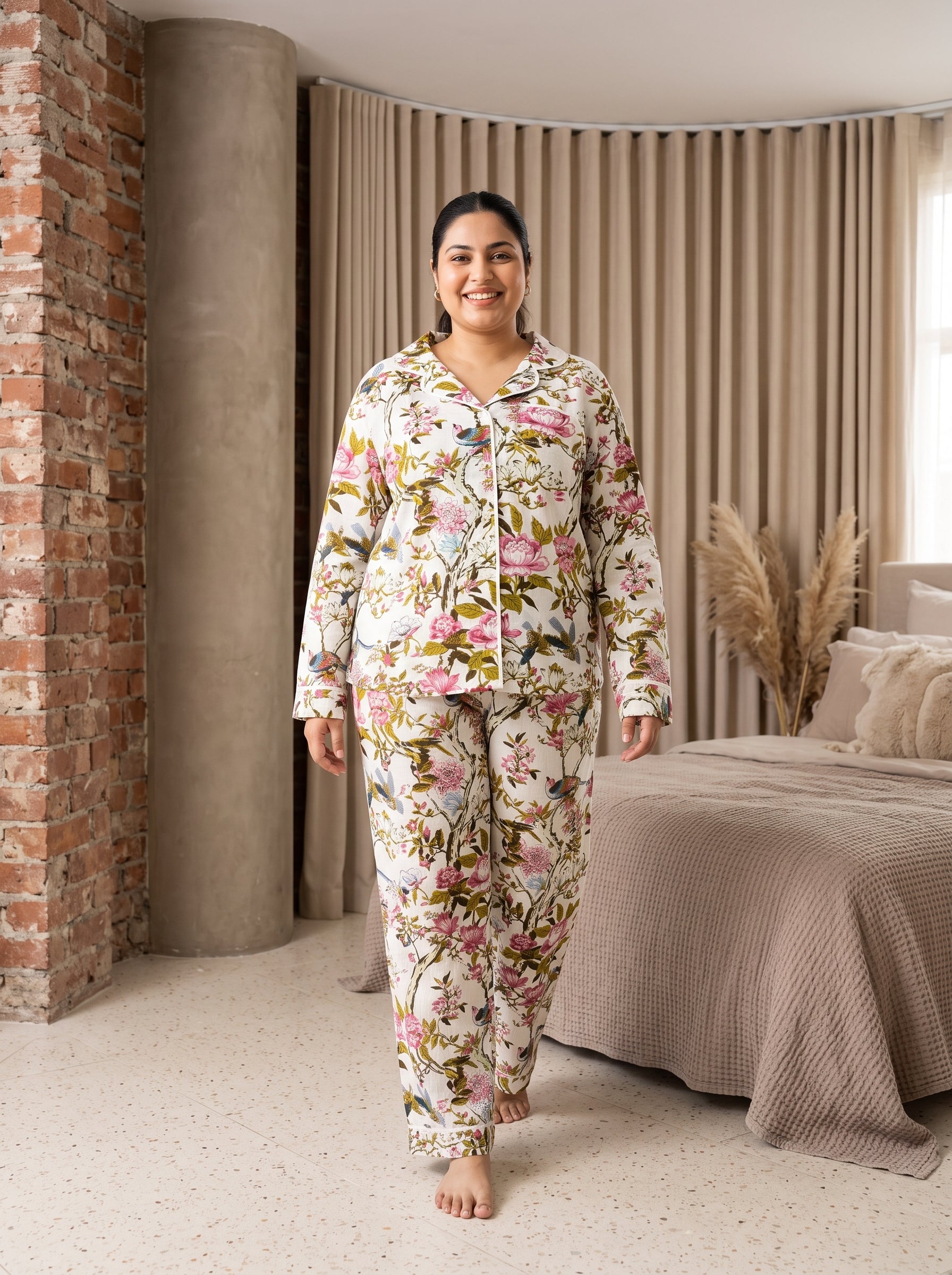 Off-White Floral and Bird Print Lapel Collar Cotton Plus Size Night Suit For Women