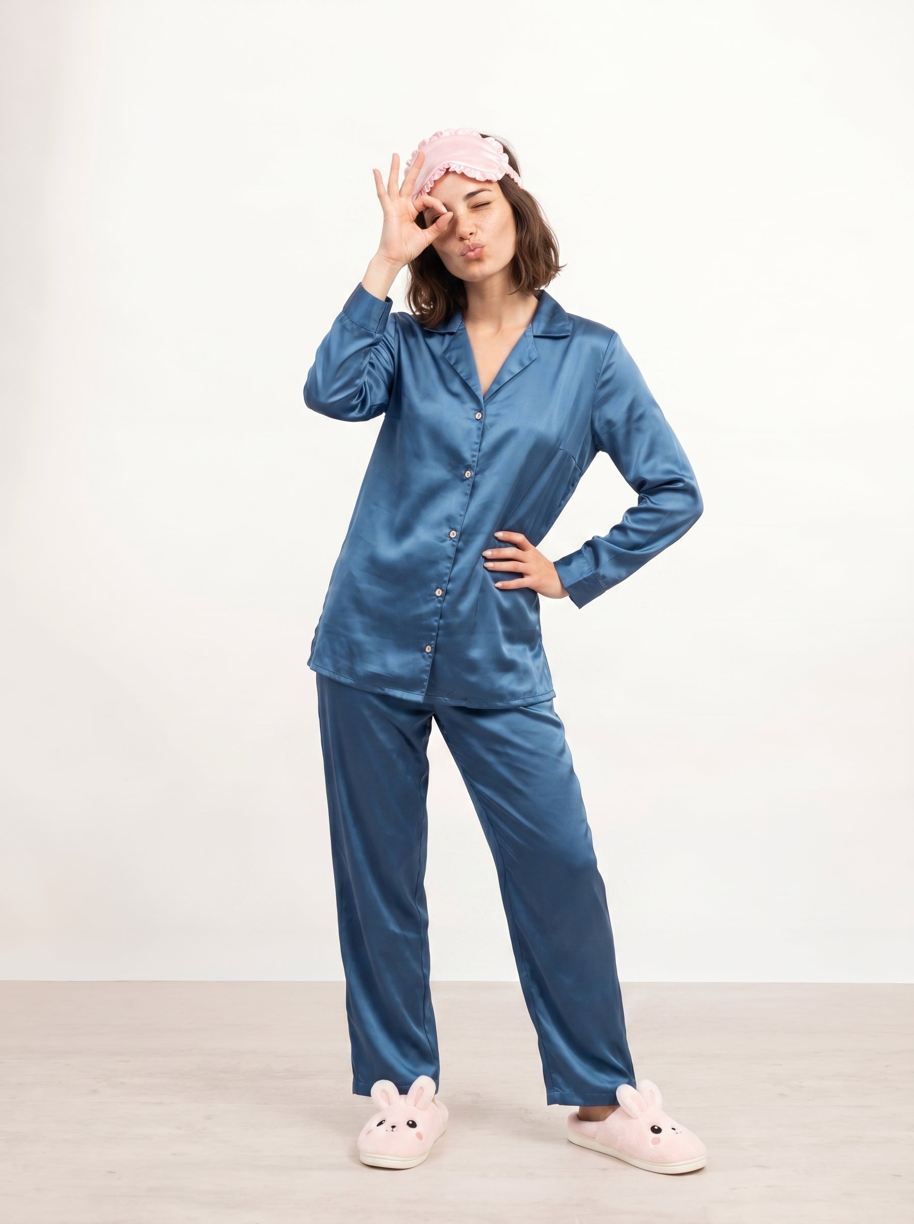 Blue Lapel Collar Solid print Pure Silk Night Suit For Women