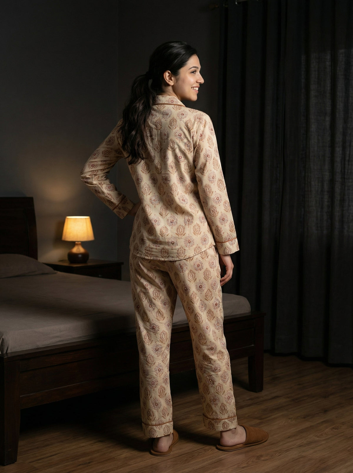 Beige Motifs Print Lapel Collar Cotton Night Suit For Women