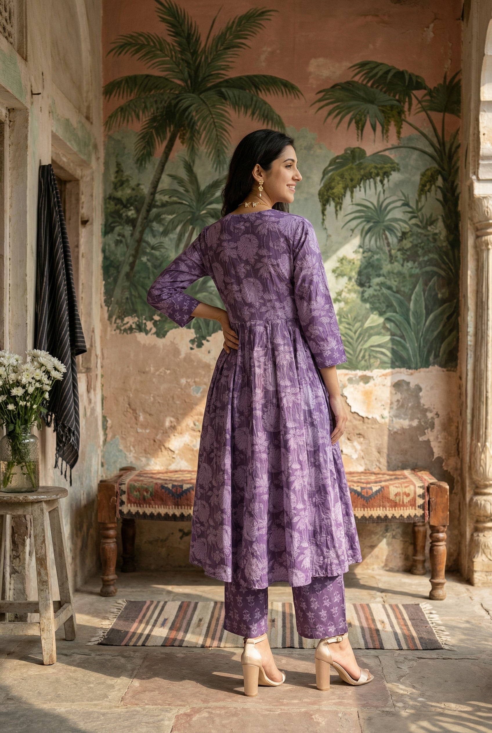Purple Floral Print V-Neck Pure Cotton Kurta Set With Dupatta For Women