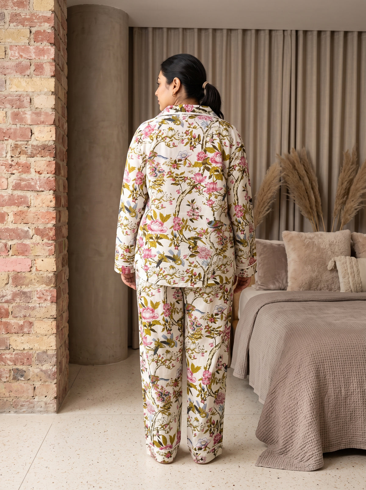 Off-White Floral and Bird Print Lapel Collar Cotton Plus Size Night Suit For Women
