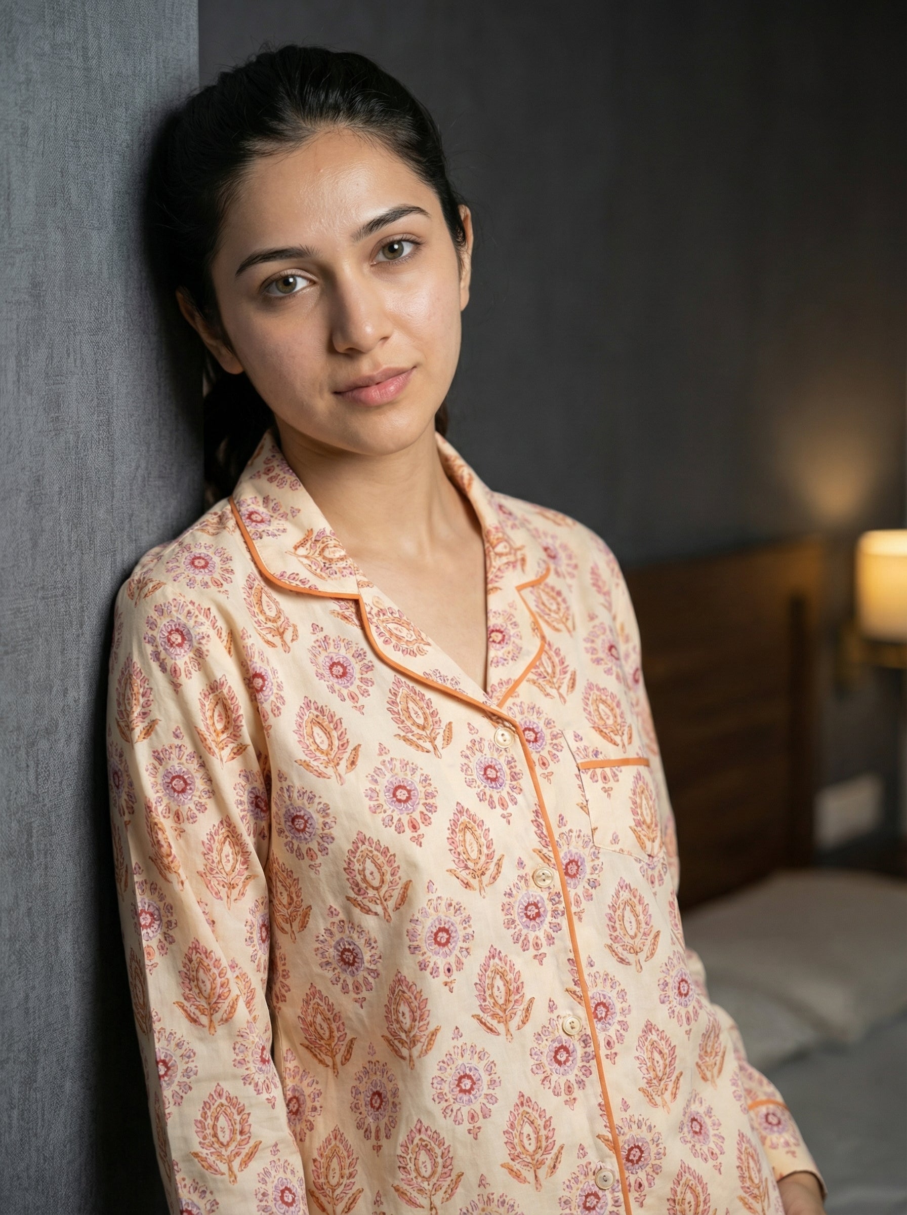 Beige Motifs Print Lapel Collar Cotton Night Suit For Women