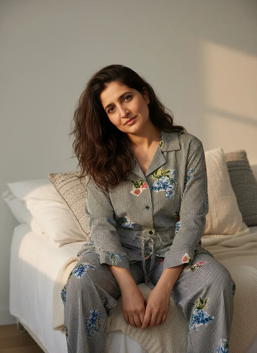 Blue Pure Cotton Lapel Collar Striped Night Suit for Women - SanskrutiHomes