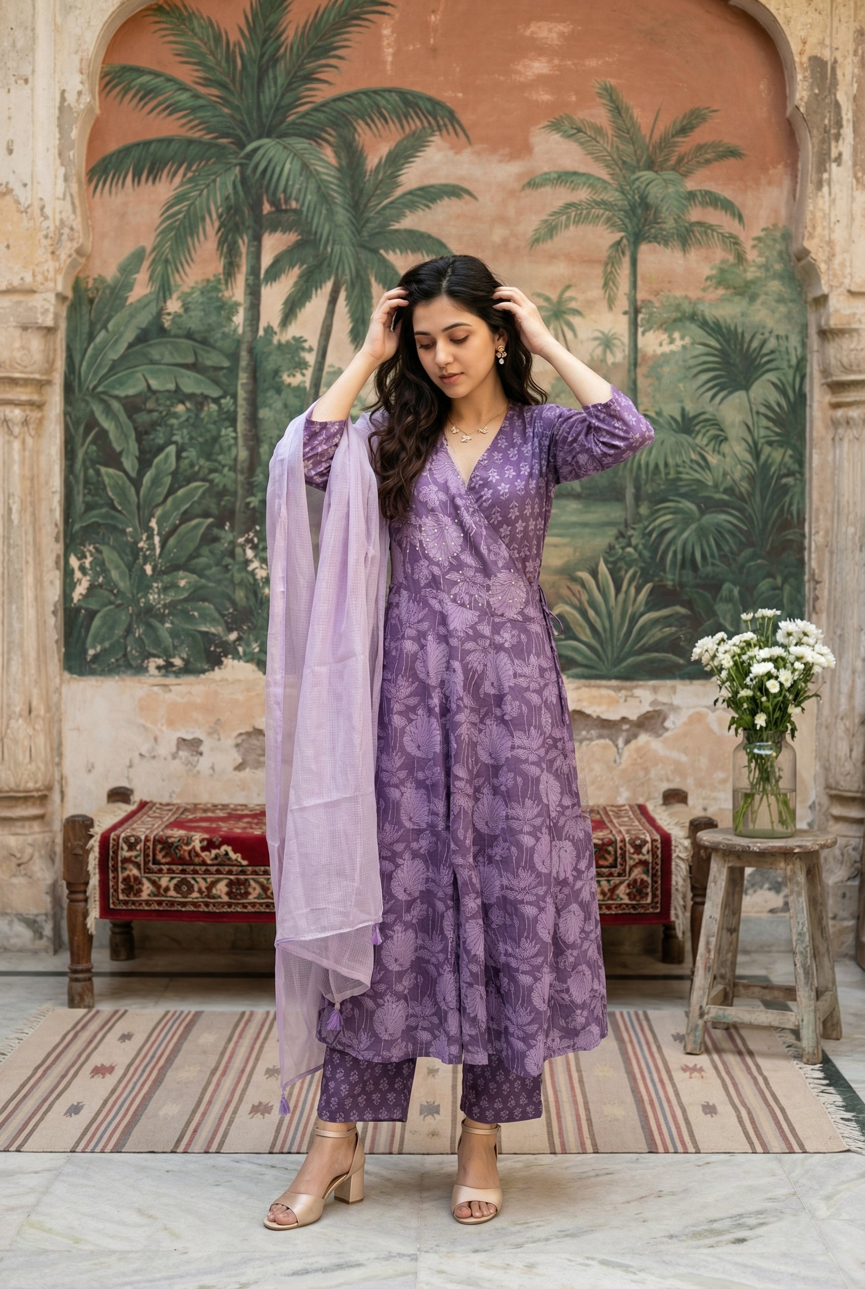 Purple Floral Print V-Neck Pure Cotton Kurta Set With Dupatta For Women