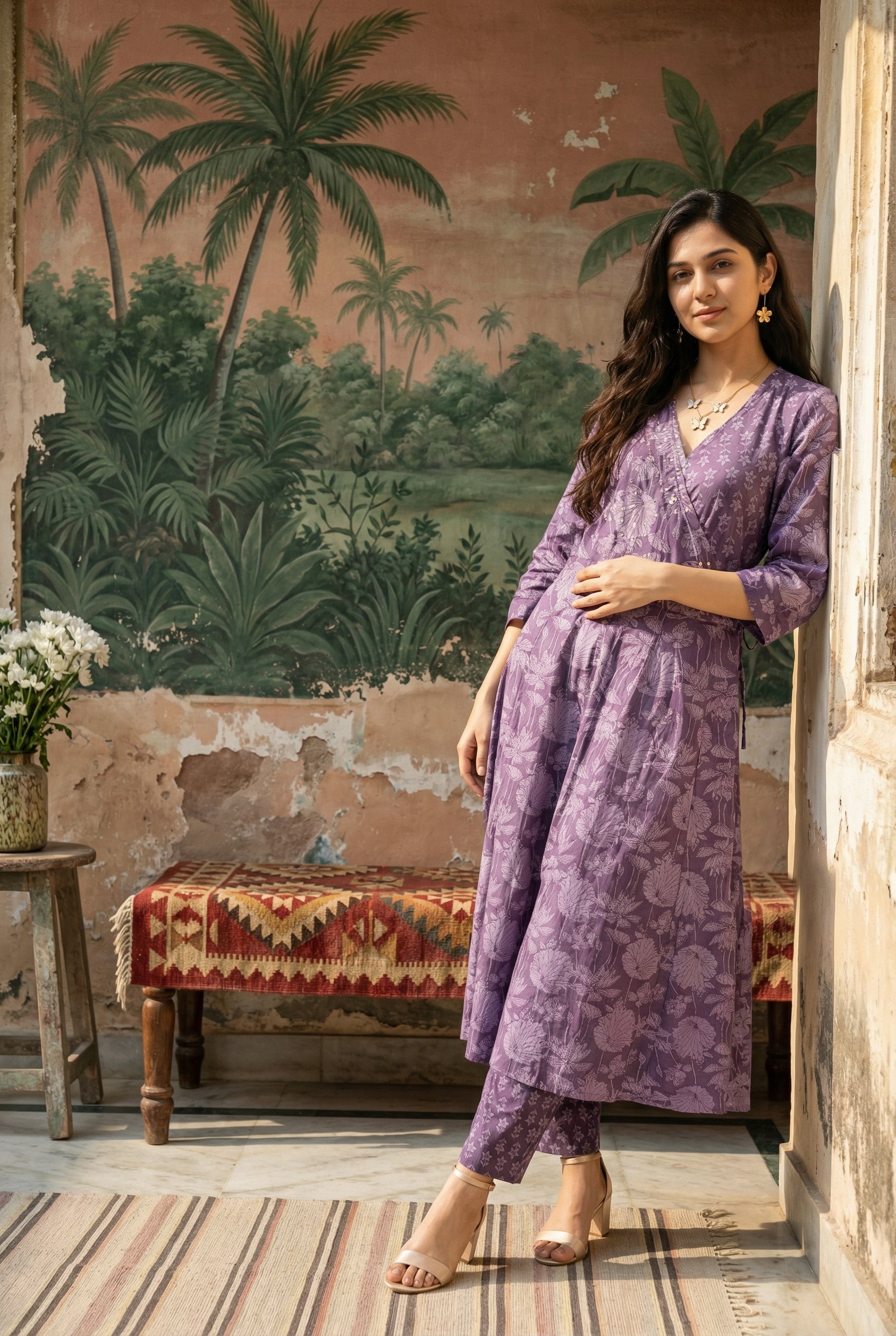 Purple Floral Print V-Neck Pure Cotton Kurta Set With Dupatta For Women