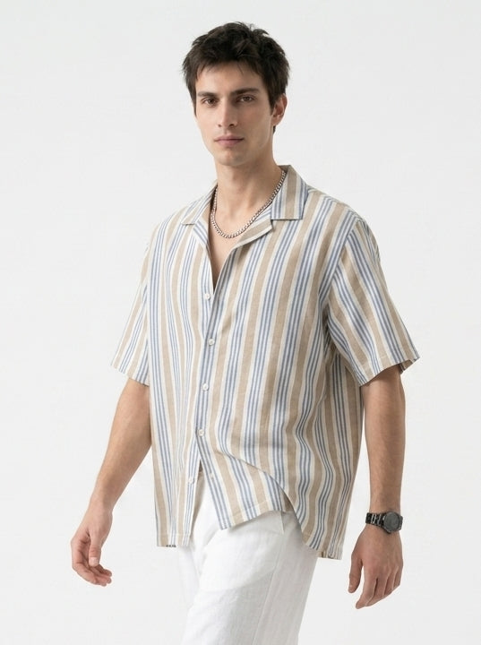 Off White Cuban Collar Vertical Stripes Cotton Oversized Men's Shirt
