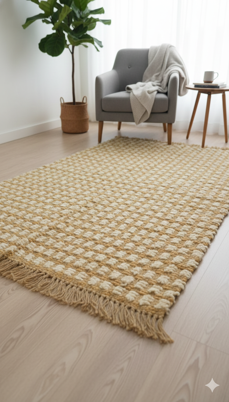 Brown Checks Print Woven Cotton Jute fringed edges Rug