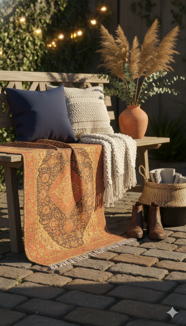 Rust Polyester Woven Digital Print with Tassels and fringed edges Rug
