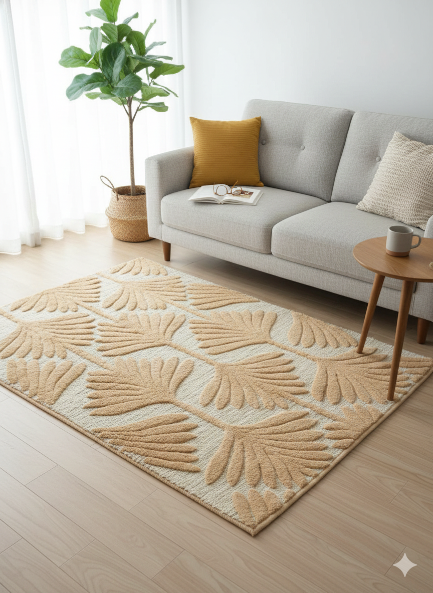 Beige Leaf Motif Woven Cotton Jute Tufted Rug with Fringed Edges